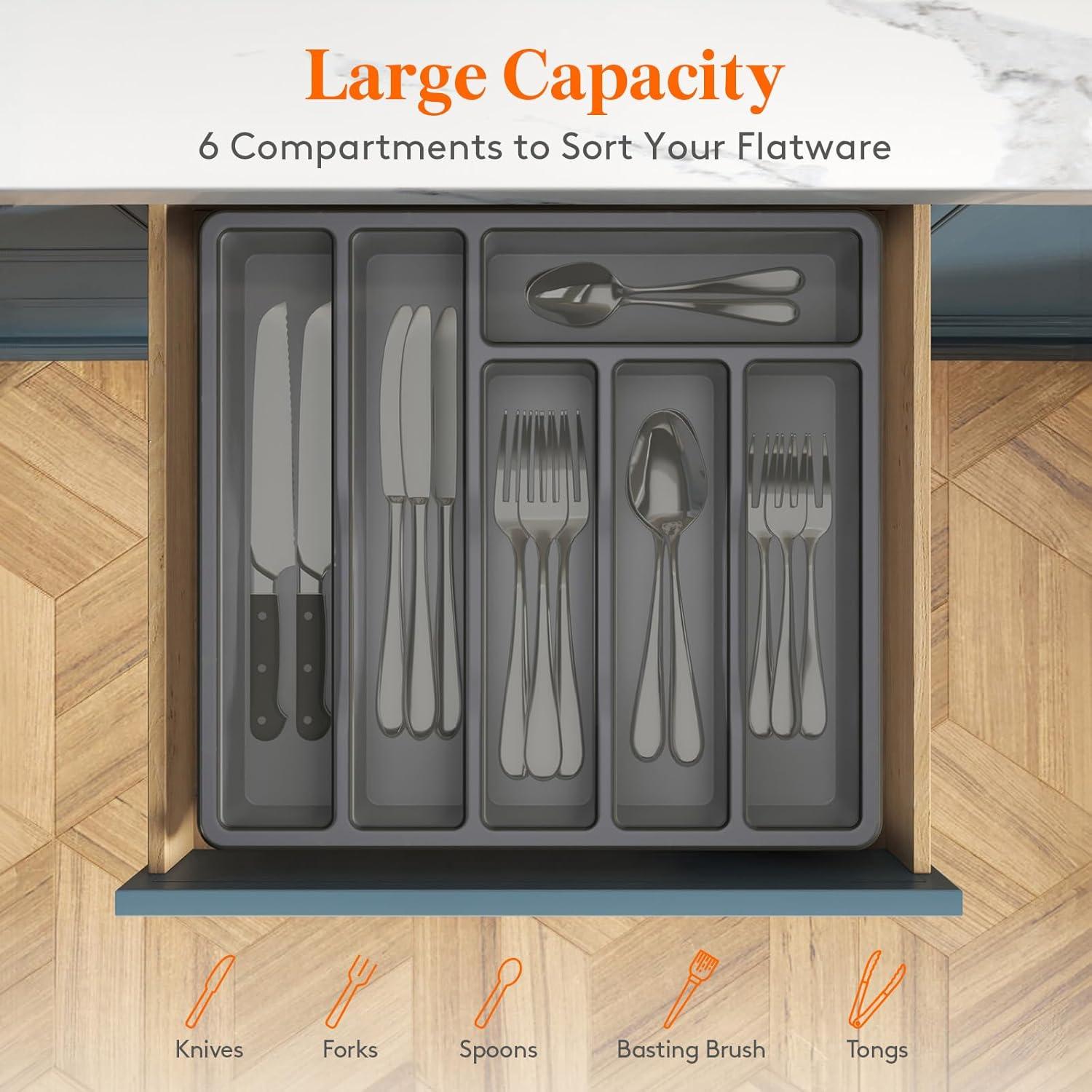 imageLifewit Silverware Organizer with Lid Covered Utensil Tray for Kitchen Drawer and Countertop Plastic Cutlery and Flatware Storage Box for Spoons Forks Knives Holder Case 6 Compartments BlackGray