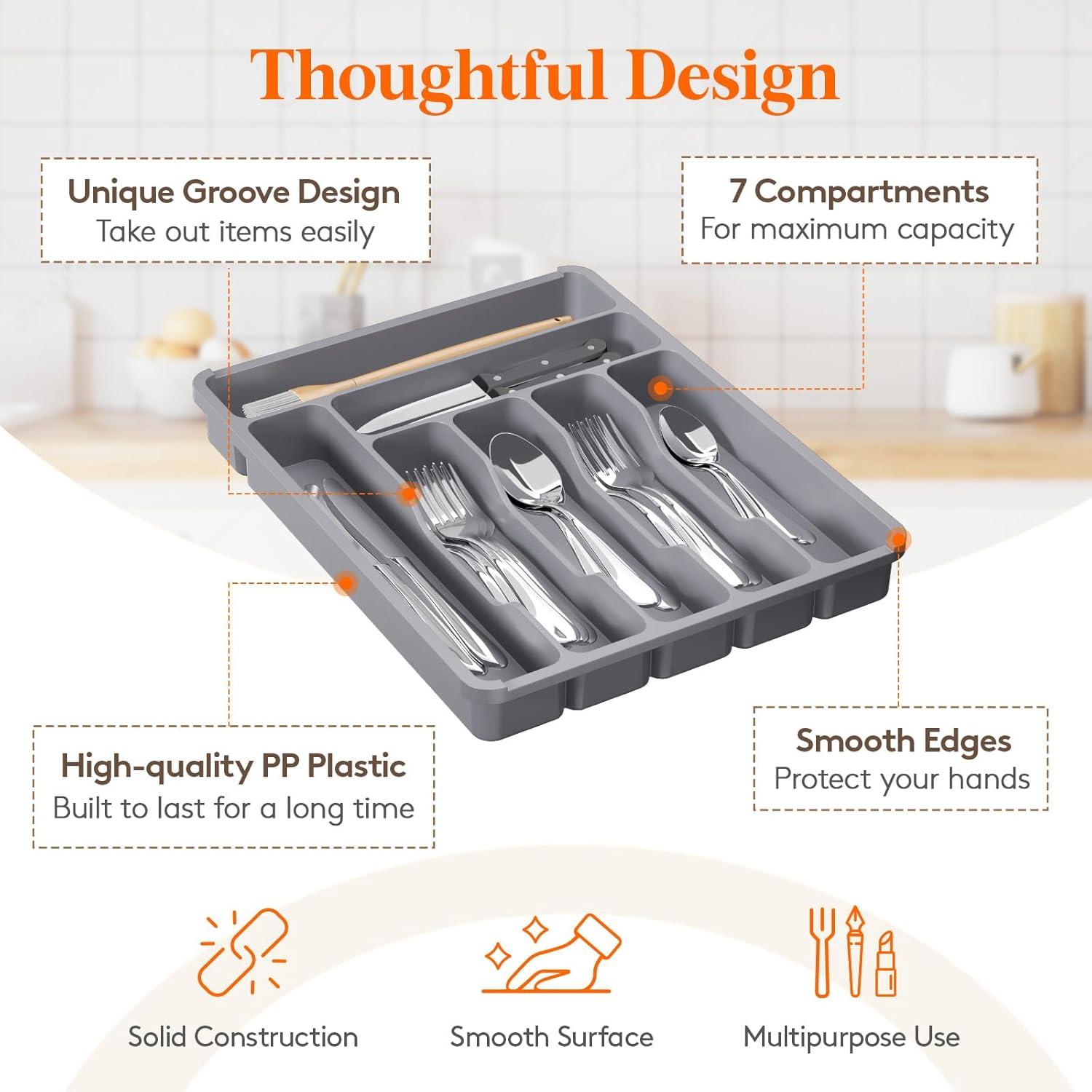 imageLifewit Silverware Organizer with Lid Covered Utensil Tray for Kitchen Drawer and Countertop Plastic Cutlery and Flatware Storage Box for Spoons Forks Knives Holder Case 6 Compartments BlackGray