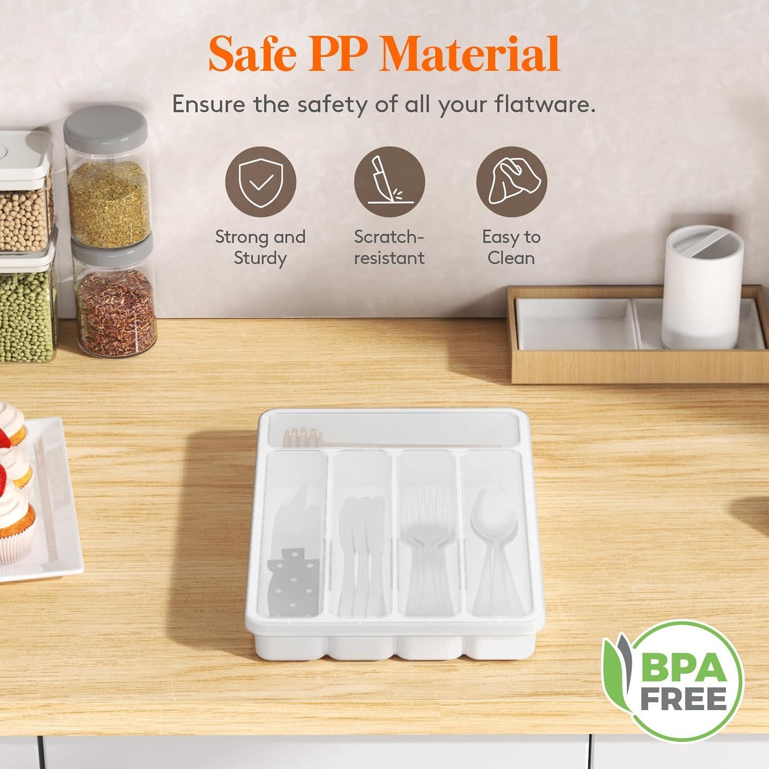 imageLifewit Silverware Organizer with Lid Covered Utensil Tray for Kitchen Drawer and Countertop Plastic Cutlery and Flatware Storage Box for Spoons Forks Knives Holder Case 6 Compartments BlackWhite