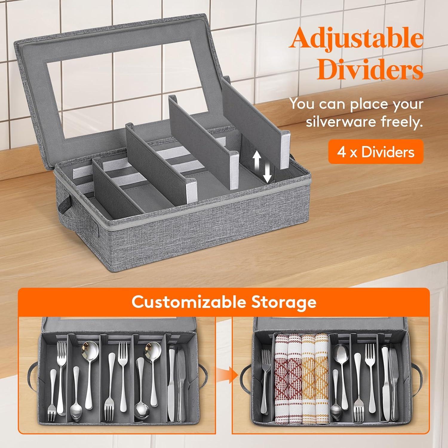 imageLifewit Silverware Storage Box Covered Flatware Organizer with Zipper Lid 5 Compartment Cutlery Case with Adjustable Divider and Handle Utensil Container for Spoon Fork Knives Gray 1 Pack2