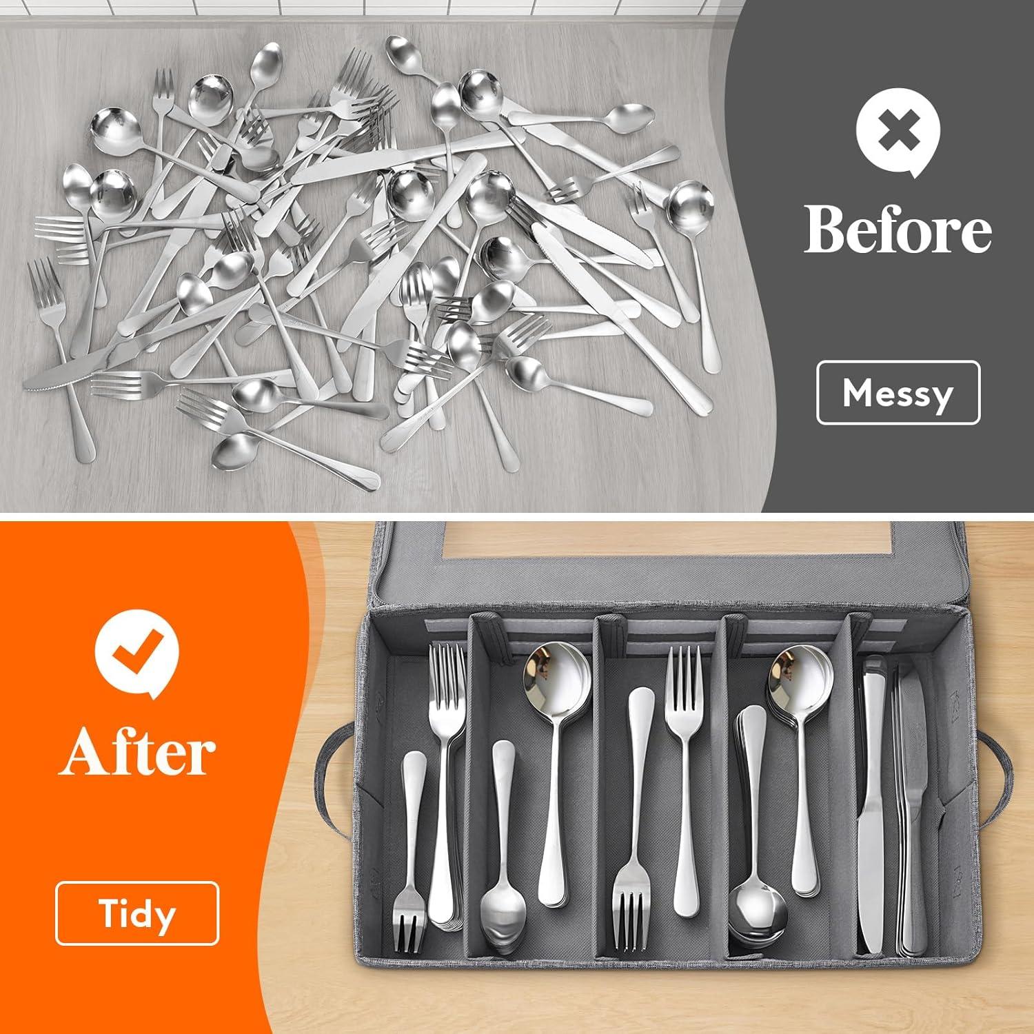 imageLifewit Silverware Storage Box Covered Flatware Organizer with Zipper Lid 5 Compartment Cutlery Case with Adjustable Divider and Handle Utensil Container for Spoon Fork Knives Gray 1 Pack2