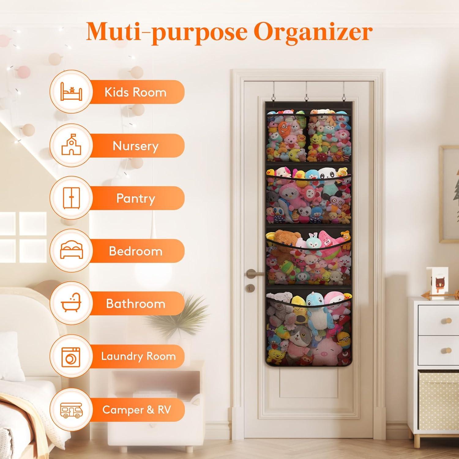 imageLifewit Stuffed Animal Storage for Door Up to 17quot Thick 1 Pack Over the Door Organizer with 5 Expandable Mesh Pockets Breathable Oxford Fabric Hanging Kid Plush Baby Toy Holder for Nursery WhiteBlack