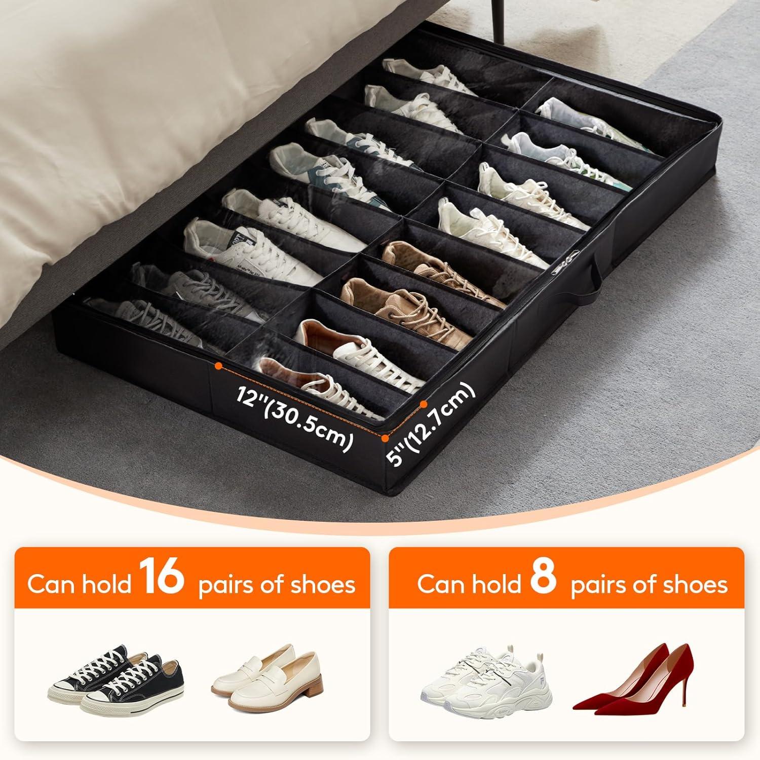 imageLifewit Under Bed Shoe Storage Organizer Set of 2 43 Inches Tall Low Profile Fabric Shoes Container Box with Clear Cover Foldable Storage Bag with 2 Handles Total Fits 24 Pairs of Shoes GreyBlack