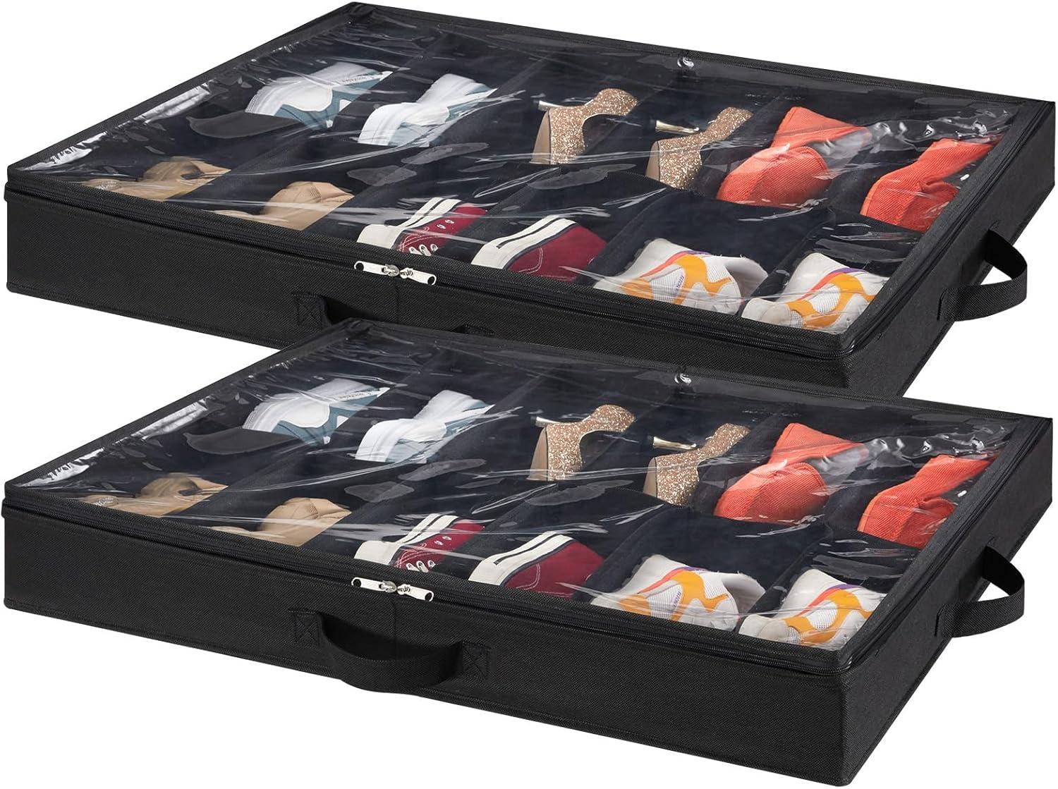 imageLifewit Under Bed Shoe Storage Organizer Set of 2 43 Inches Tall Low Profile Fabric Shoes Container Box with Clear Cover Foldable Storage Bag with 2 Handles Total Fits 24 Pairs of Shoes GreyBlack