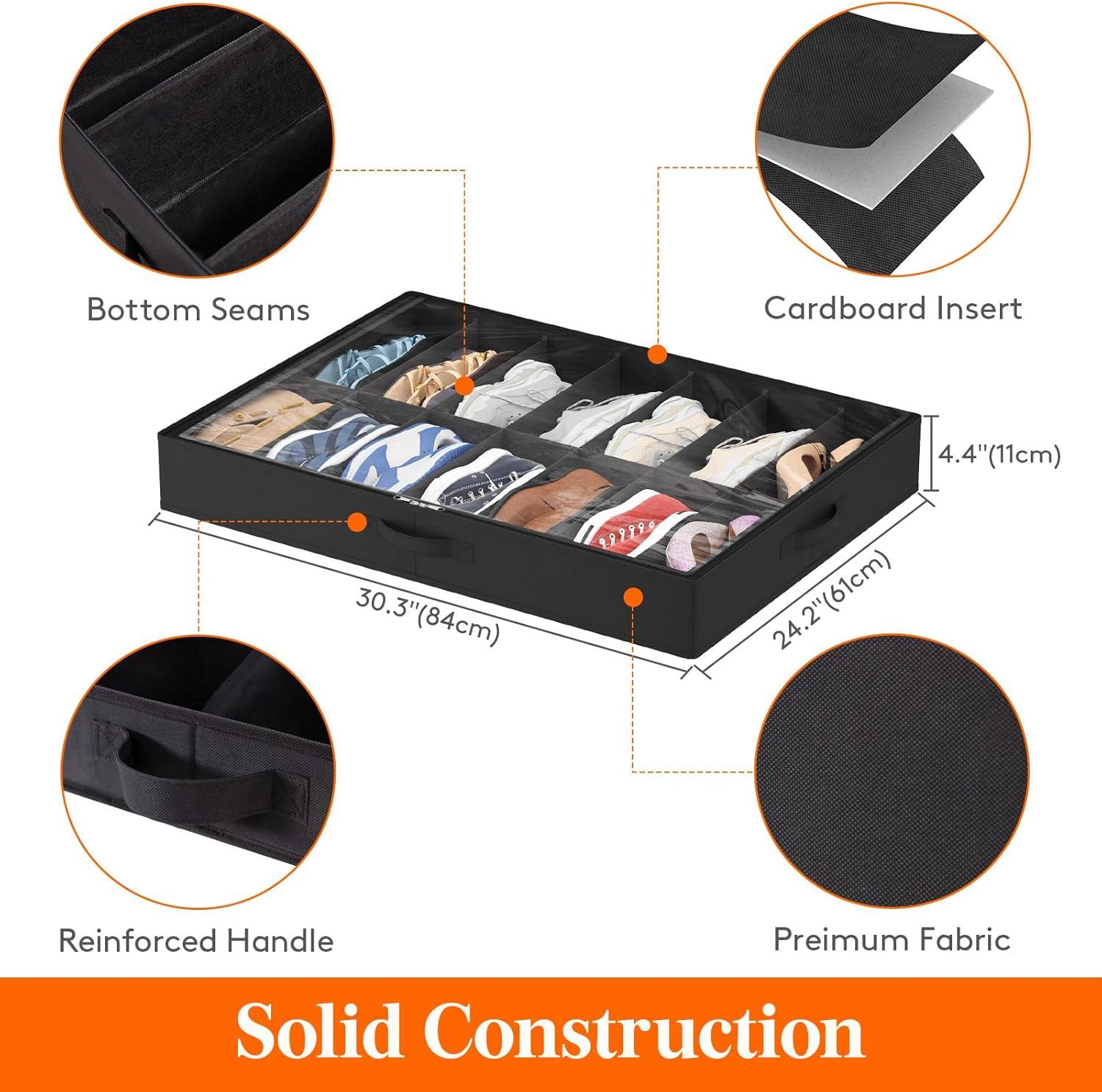 imageLifewit Under Bed Shoe Storage Organizer Set of 2 43 Inches Tall Low Profile Fabric Shoes Container Box with Clear Cover Foldable Storage Bag with 2 Handles Total Fits 24 Pairs of Shoes GreyBlack