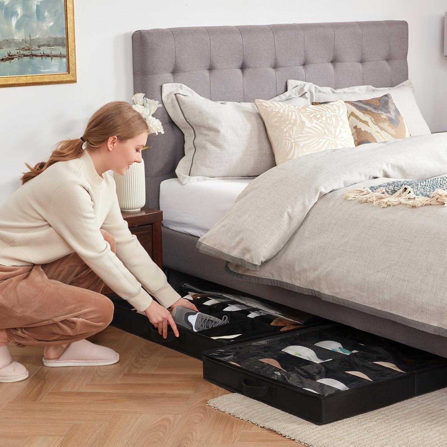 imageLifewit Under Bed Shoe Storage Organizer Set of 2 43 Inches Tall Low Profile Fabric Shoes Container Box with Clear Cover Foldable Storage Bag with 2 Handles Total Fits 24 Pairs of Shoes GreyBlack