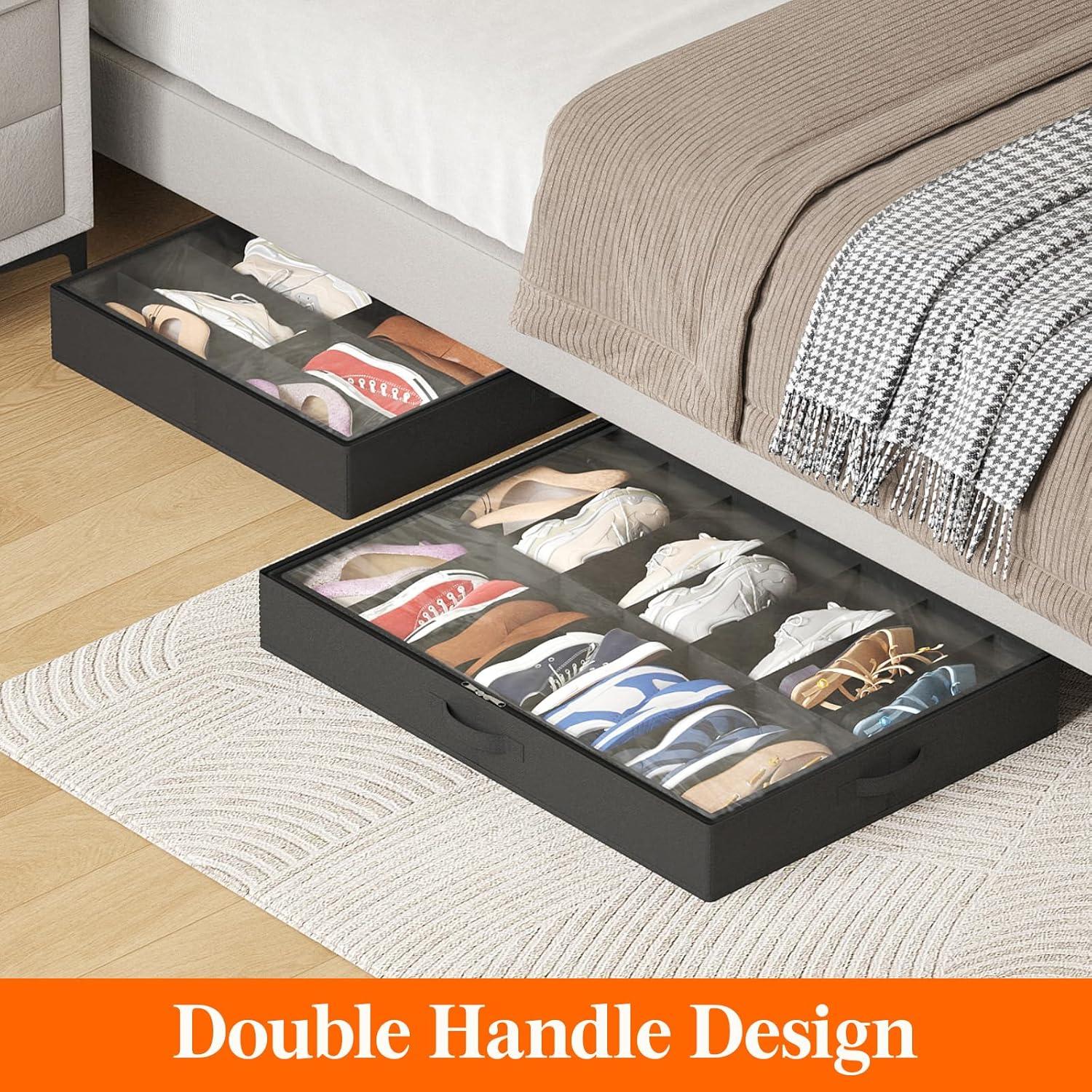 imageLifewit Under Bed Shoe Storage Organizer Set of 2 43 Inches Tall Low Profile Fabric Shoes Container Box with Clear Cover Foldable Storage Bag with 2 Handles Total Fits 24 Pairs of Shoes GreyBlack