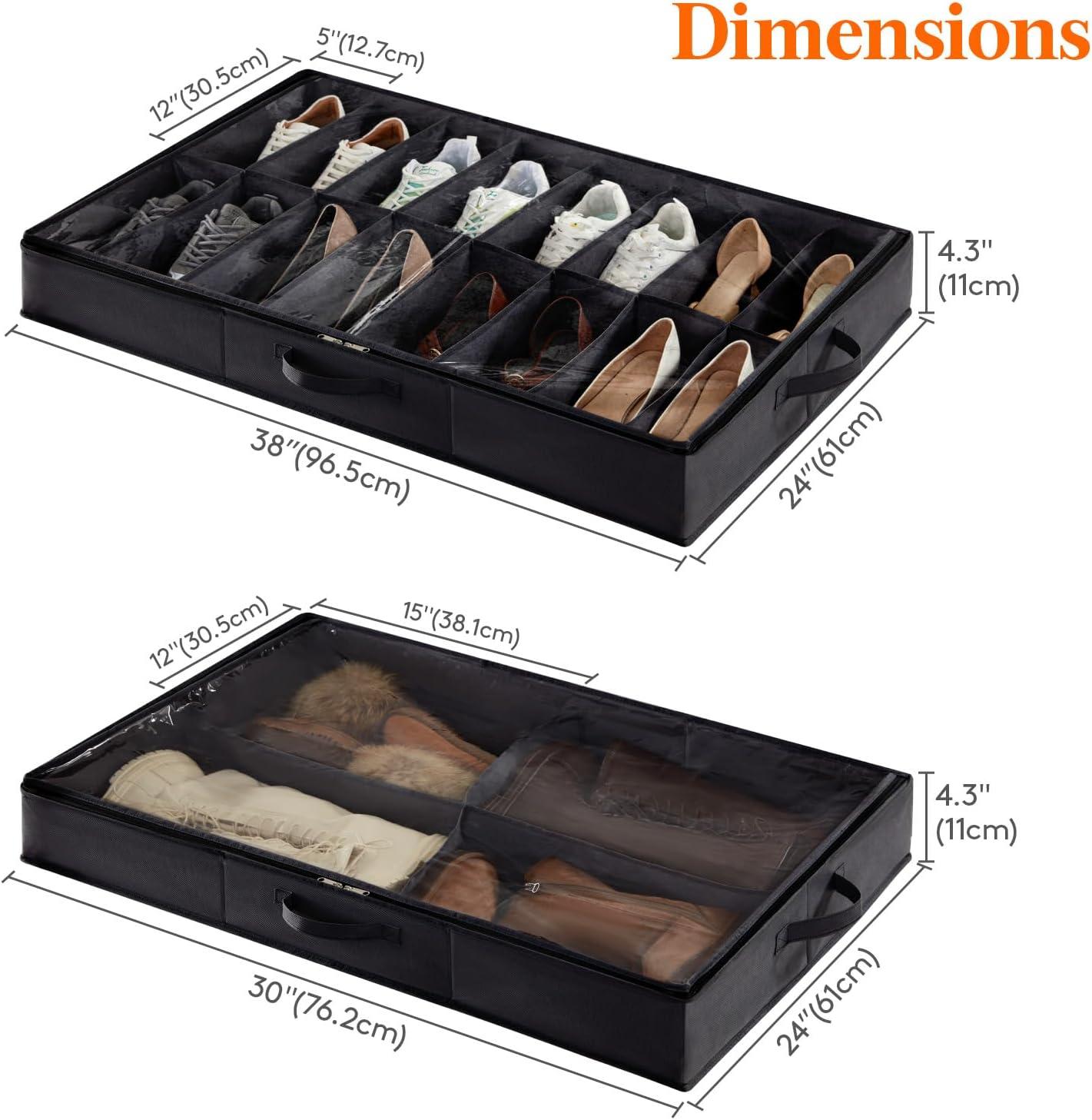 imageLifewit Under Bed Shoe Storage Organizer Set of 2 43 Inches Tall Low Profile Fabric Shoes Container Box with Clear Cover Foldable Storage Bag with 2 Handles Total Fits 24 Pairs of Shoes GreyBlack