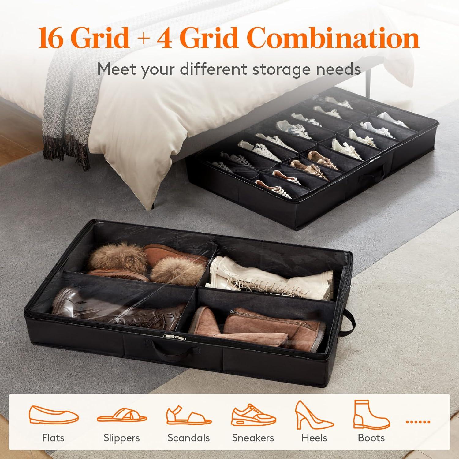 imageLifewit Under Bed Shoe Storage Organizer Set of 2 43 Inches Tall Low Profile Fabric Shoes Container Box with Clear Cover Foldable Storage Bag with 2 Handles Total Fits 24 Pairs of Shoes GreyBlack