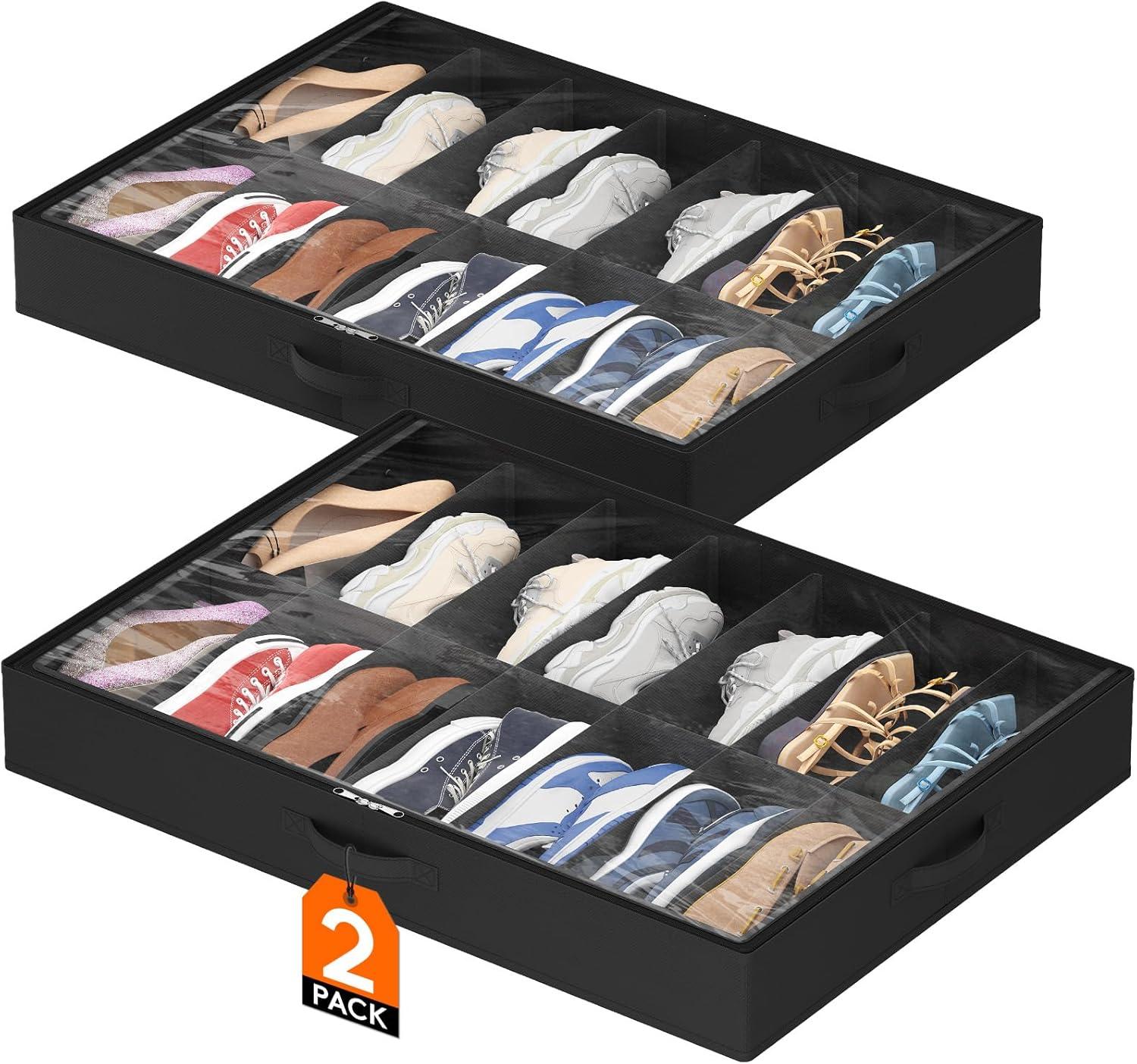 imageLifewit Under Bed Shoe Storage Organizer Set of 2 43 Inches Tall Low Profile Fabric Shoes Container Box with Clear Cover Foldable Storage Bag with 2 Handles Total Fits 24 Pairs of Shoes GreyBlack