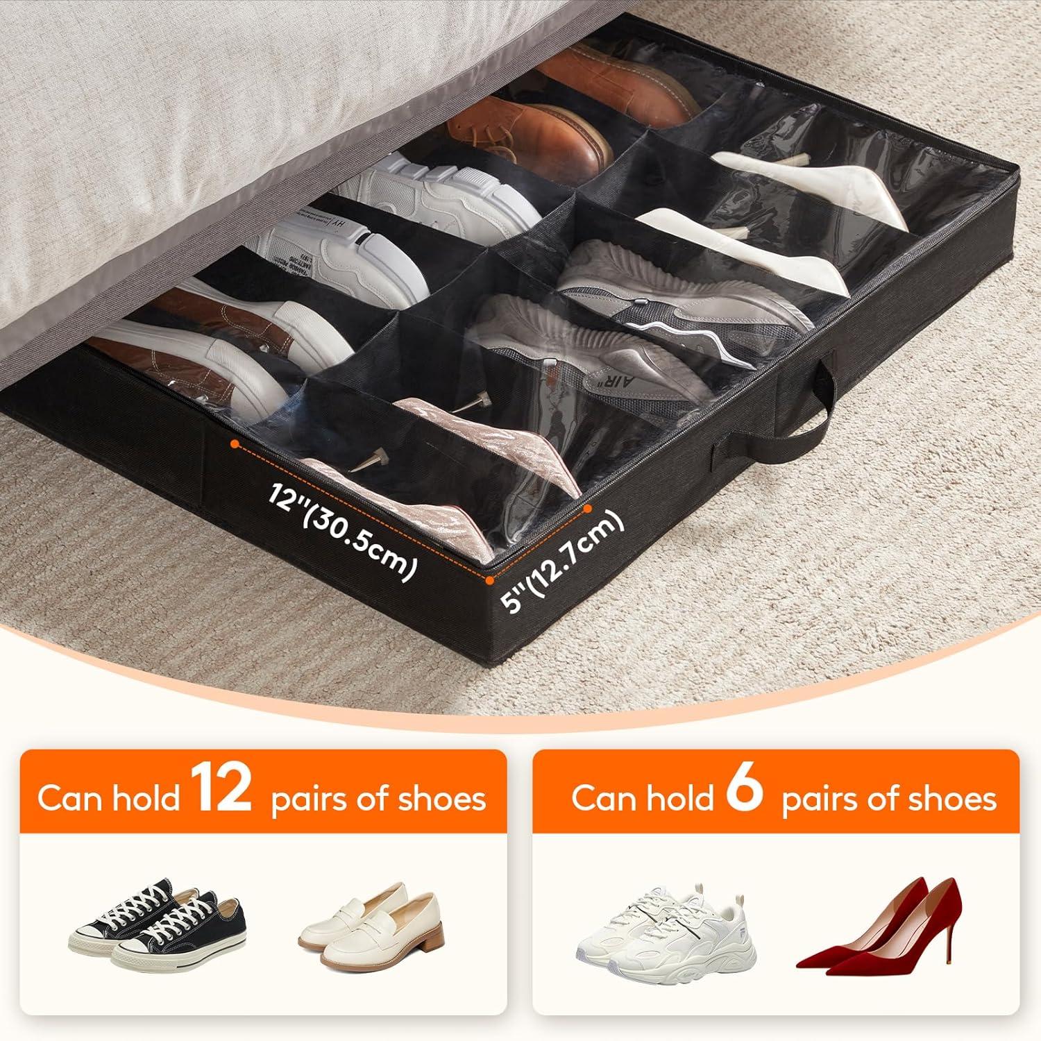 imageLifewit Under Bed Shoe Storage Organizer Set of 2 43 Inches Tall Low Profile Fabric Shoes Container Box with Clear Cover Foldable Storage Bag with 2 Handles Total Fits 24 Pairs of Shoes GreyBlack