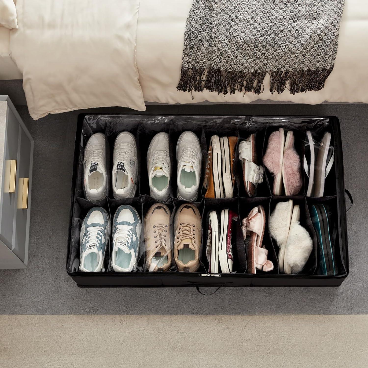 imageLifewit Under Bed Shoe Storage Organizer Set of 2 43 Inches Tall Low Profile Fabric Shoes Container Box with Clear Cover Foldable Storage Bag with 2 Handles Total Fits 24 Pairs of Shoes GreyBlack