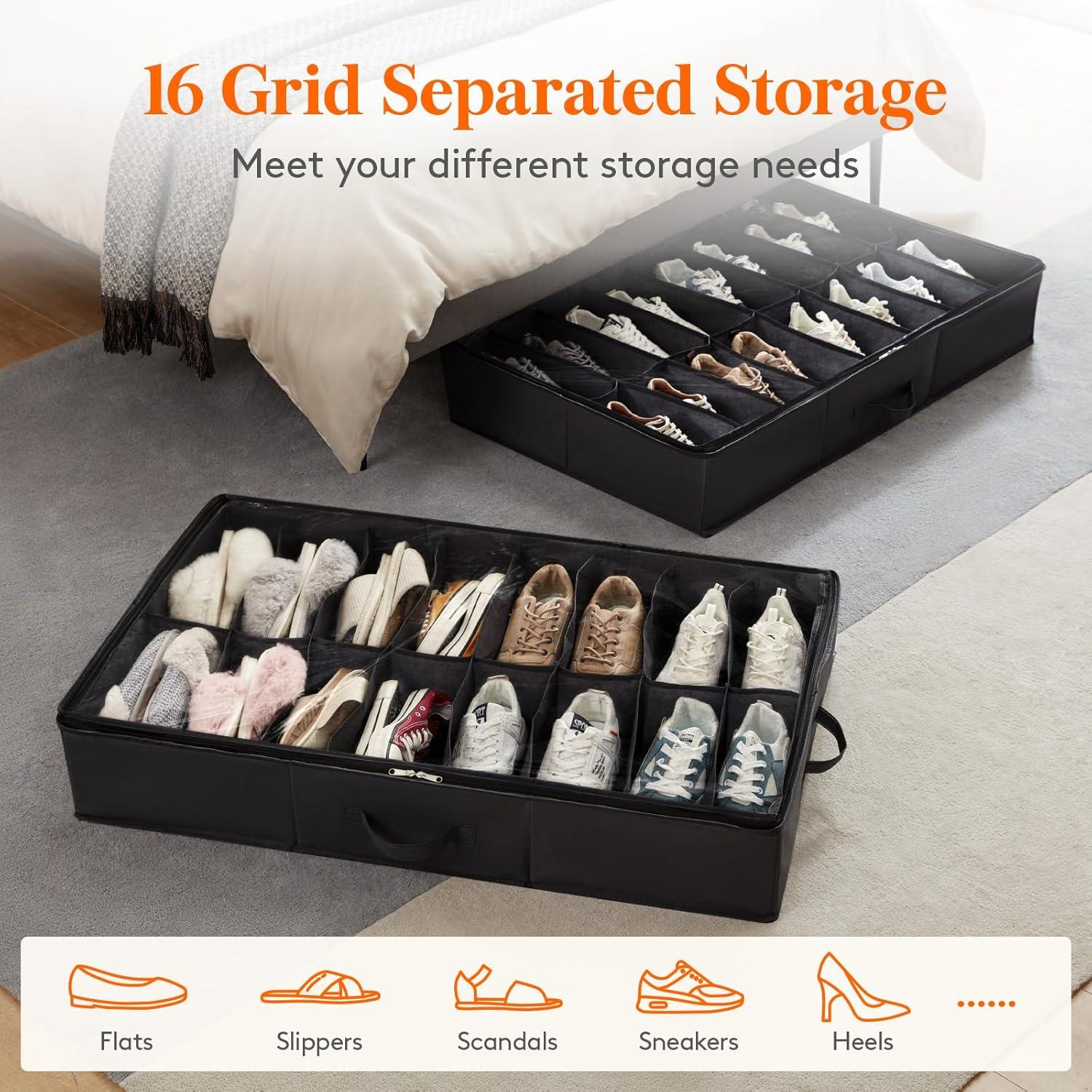 imageLifewit Under Bed Shoe Storage Organizer Set of 2 43 Inches Tall Low Profile Fabric Shoes Container Box with Clear Cover Foldable Storage Bag with 2 Handles Total Fits 24 Pairs of Shoes GreyBlack