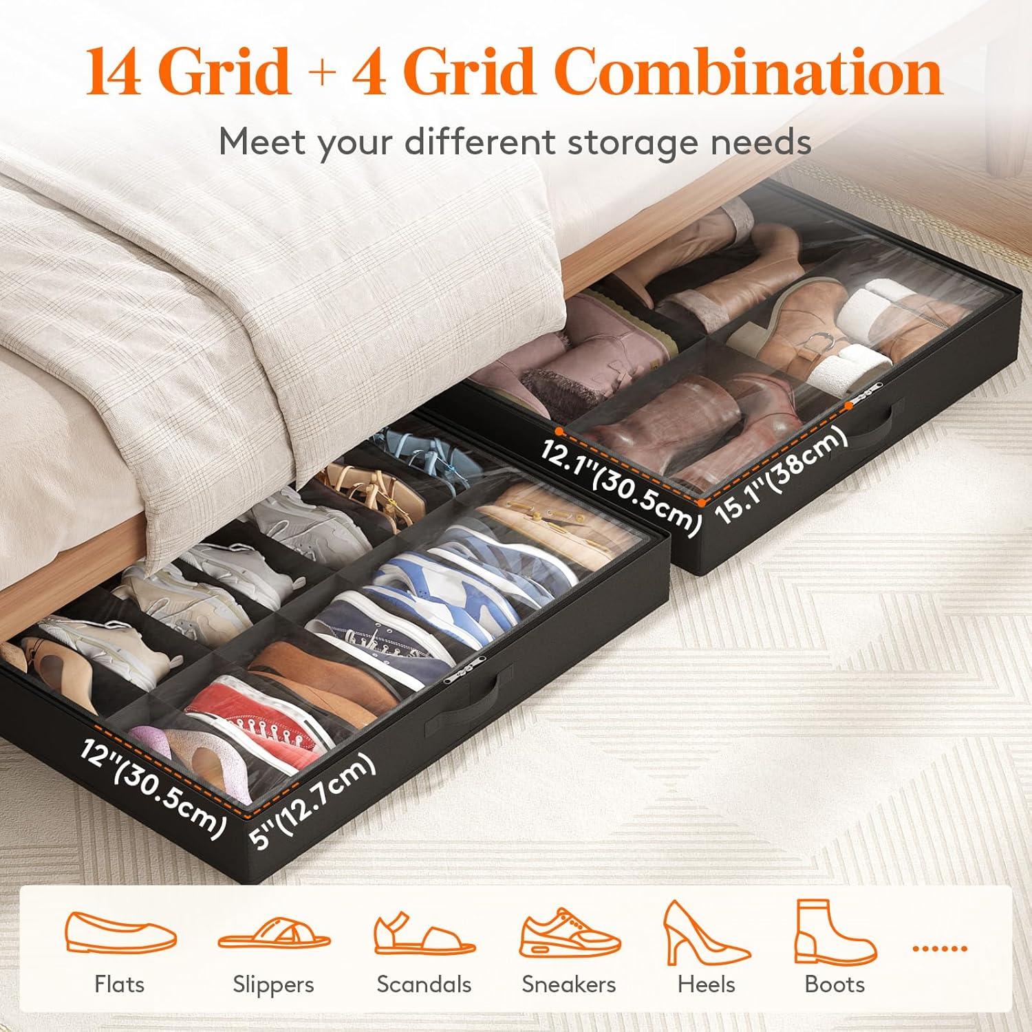 imageLifewit Under Bed Shoe Storage Organizer Set of 2 43 Inches Tall Low Profile Fabric Shoes Container Box with Clear Cover Foldable Storage Bag with 2 Handles Total Fits 24 Pairs of Shoes GreyBlack
