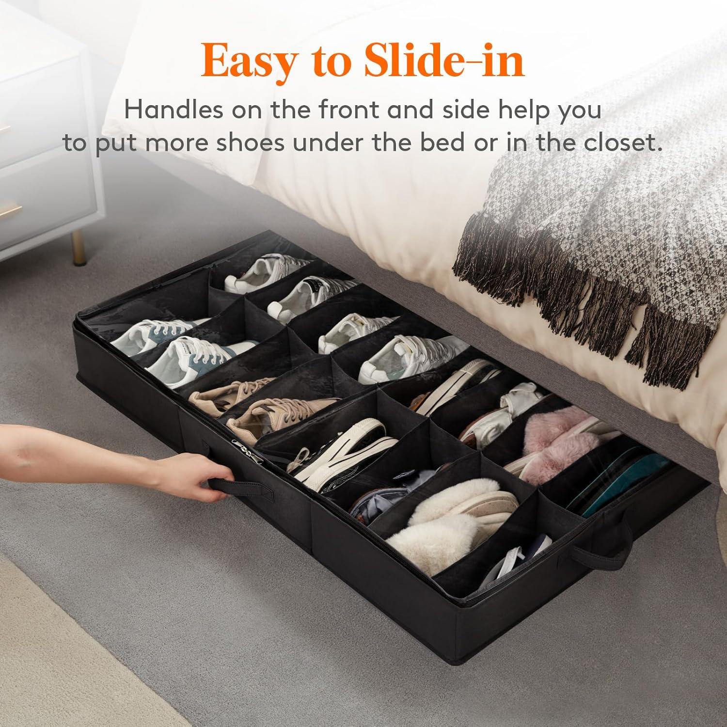 imageLifewit Under Bed Shoe Storage Organizer Set of 2 43 Inches Tall Low Profile Fabric Shoes Container Box with Clear Cover Foldable Storage Bag with 2 Handles Total Fits 24 Pairs of Shoes GreyBlack