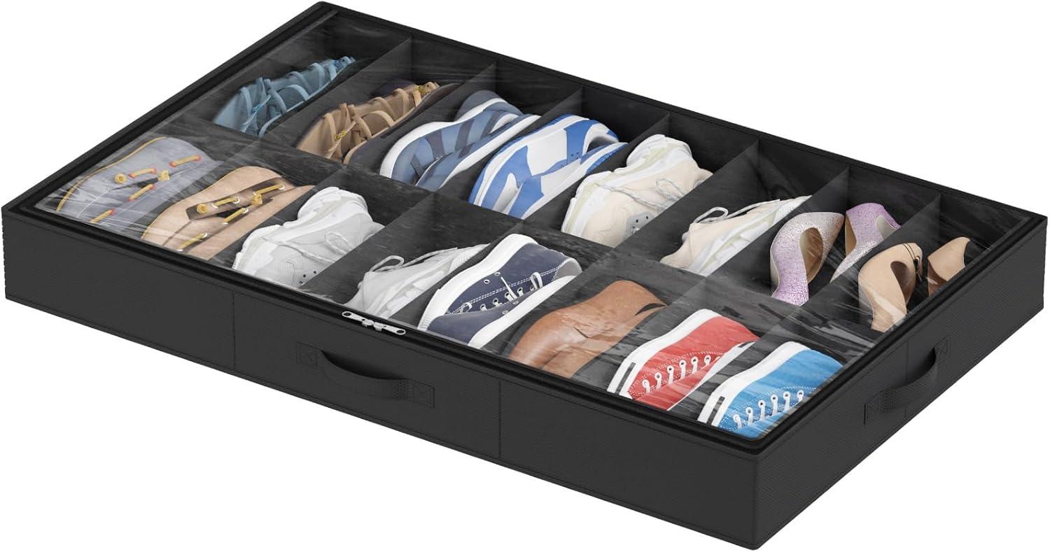 imageLifewit Under Bed Shoe Storage Organizer Set of 2 43 Inches Tall Low Profile Fabric Shoes Container Box with Clear Cover Foldable Storage Bag with 2 Handles Total Fits 24 Pairs of Shoes GreyBlack