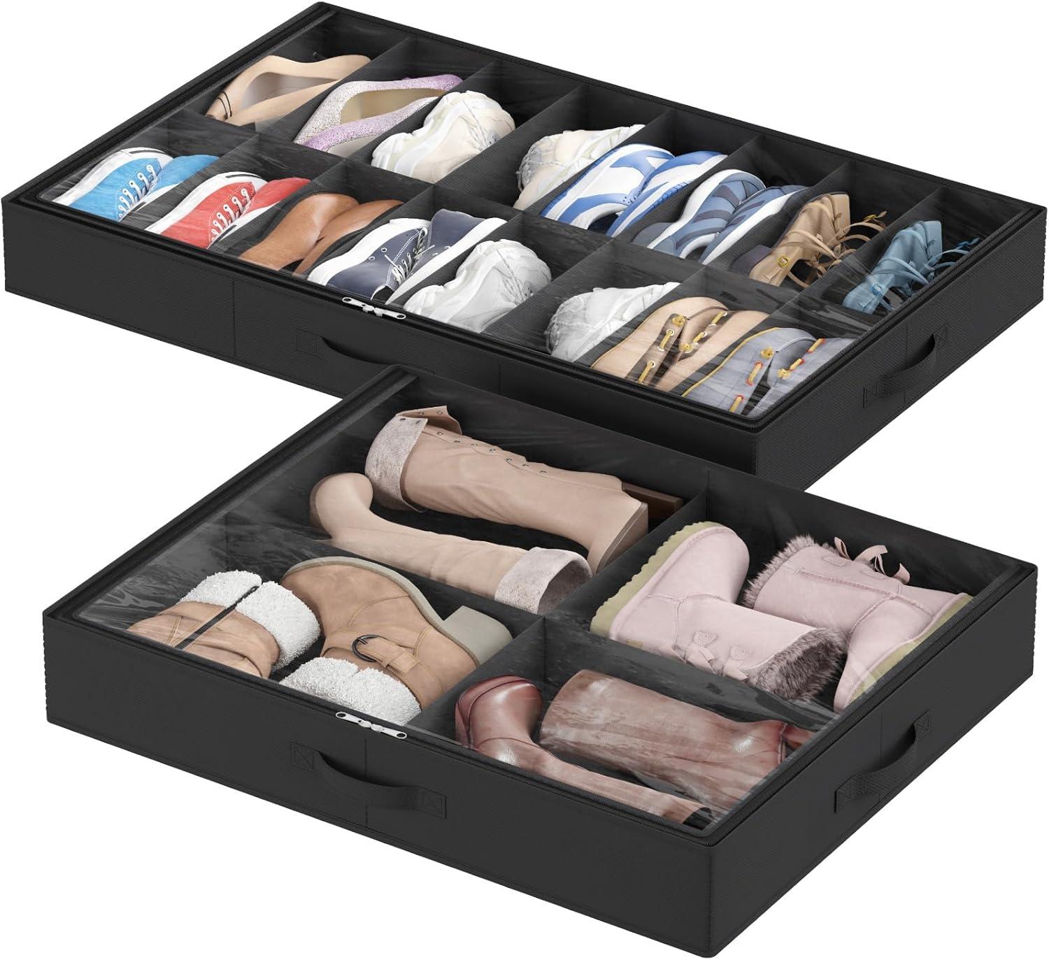 imageLifewit Under Bed Shoe Storage Organizer Set of 2 43 Inches Tall Low Profile Fabric Shoes Container Box with Clear Cover Foldable Storage Bag with 2 Handles Total Fits 24 Pairs of Shoes GreyBlack