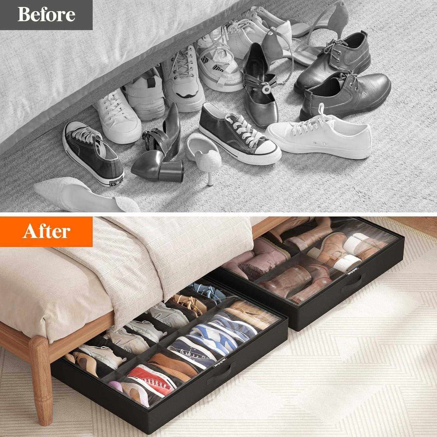 imageLifewit Under Bed Shoe Storage Organizer Set of 2 43 Inches Tall Low Profile Fabric Shoes Container Box with Clear Cover Foldable Storage Bag with 2 Handles Total Fits 24 Pairs of Shoes GreyBlack