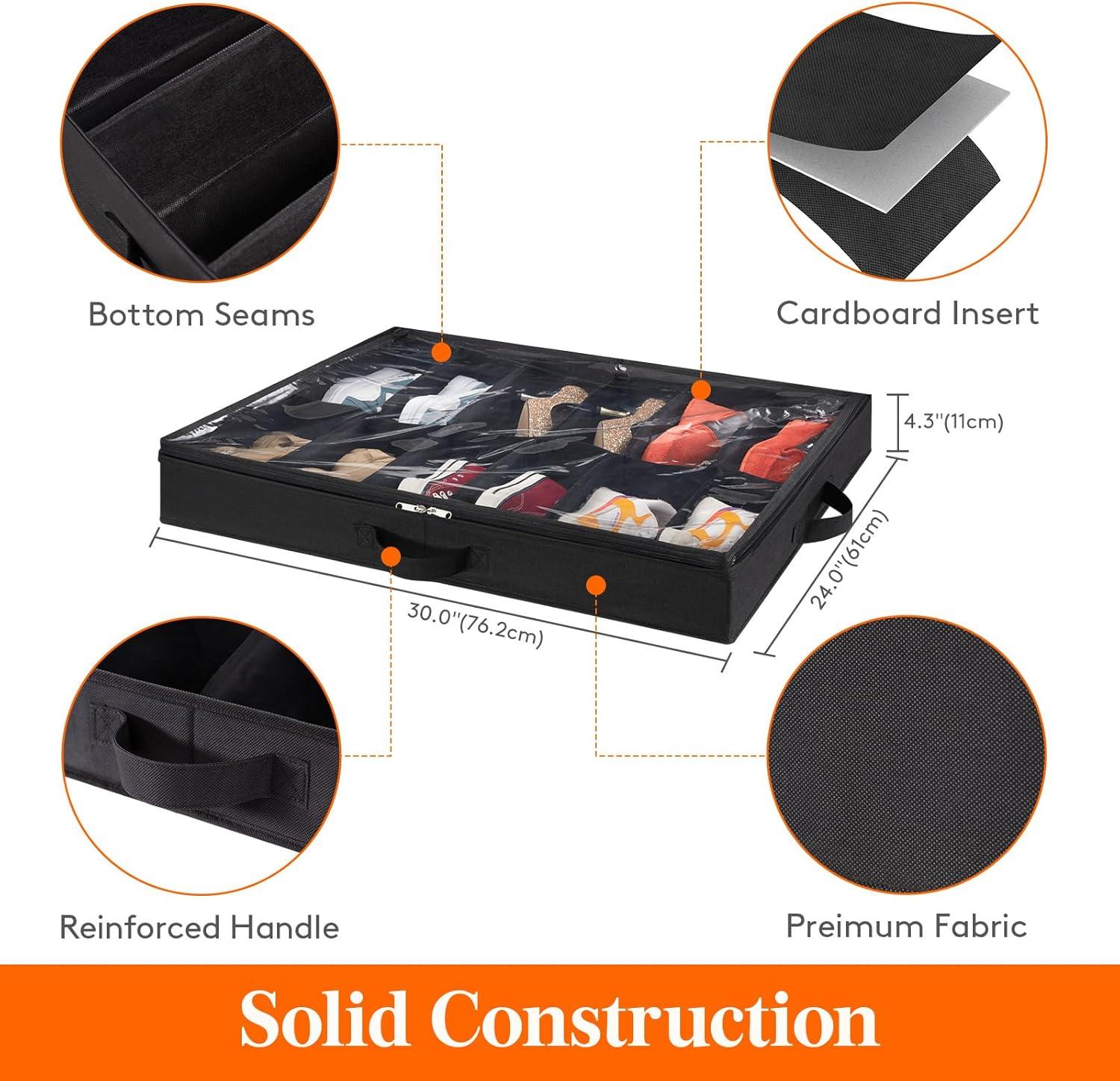 imageLifewit Under Bed Shoe Storage Organizer Set of 2 43 Inches Tall Low Profile Fabric Shoes Container Box with Clear Cover Foldable Storage Bag with 2 Handles Total Fits 24 Pairs of Shoes GreyBlack