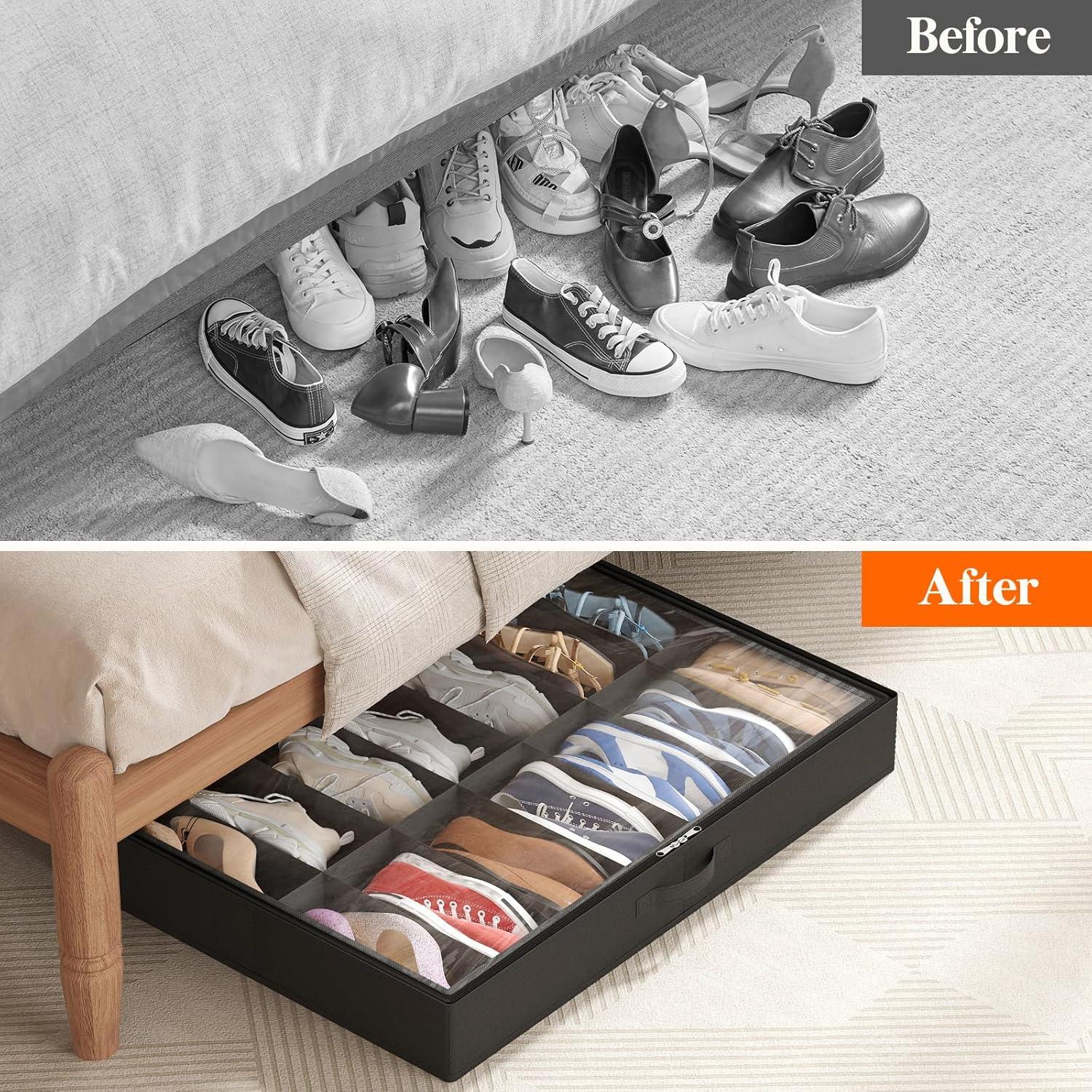 imageLifewit Under Bed Shoe Storage Organizer Set of 2 43 Inches Tall Low Profile Fabric Shoes Container Box with Clear Cover Foldable Storage Bag with 2 Handles Total Fits 24 Pairs of Shoes GreyBlack