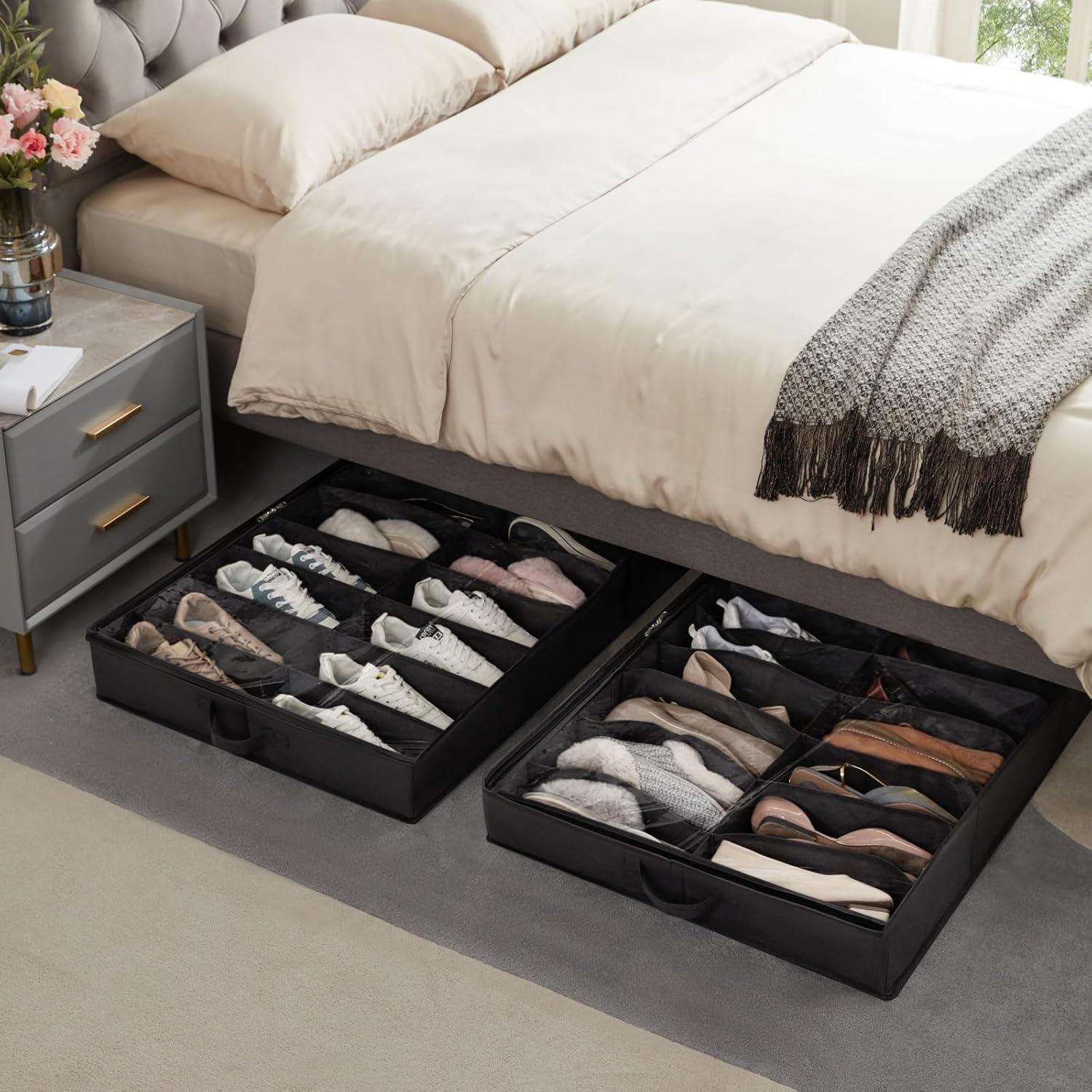 imageLifewit Under Bed Shoe Storage Organizer Set of 2 43 Inches Tall Low Profile Fabric Shoes Container Box with Clear Cover Foldable Storage Bag with 2 Handles Total Fits 24 Pairs of Shoes GreyBlack