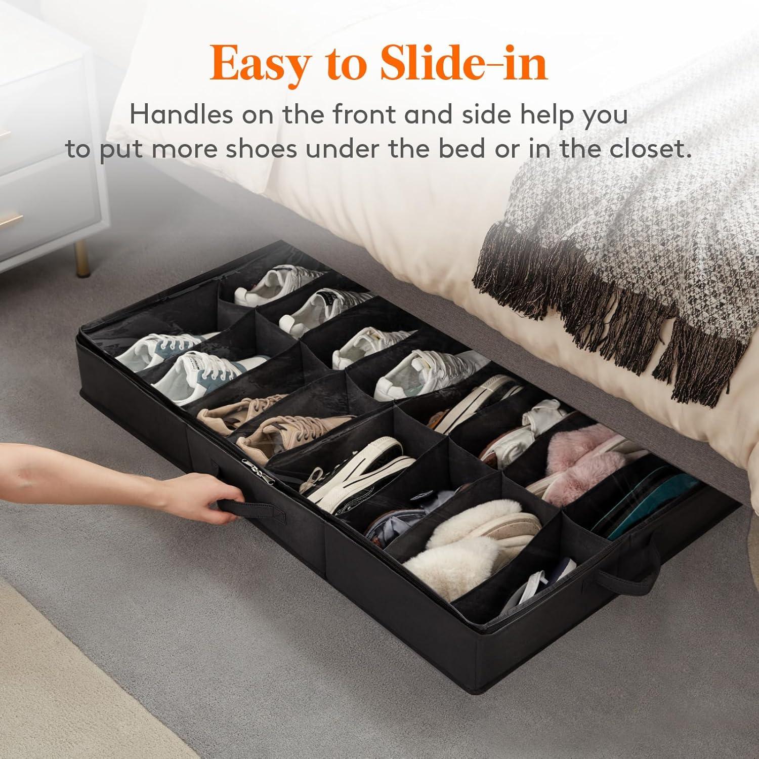 imageLifewit Under Bed Shoe Storage Organizer Set of 2 43 Inches Tall Low Profile Fabric Shoes Container Box with Clear Cover Foldable Storage Bag with 2 Handles Total Fits 24 Pairs of Shoes GreyBlack
