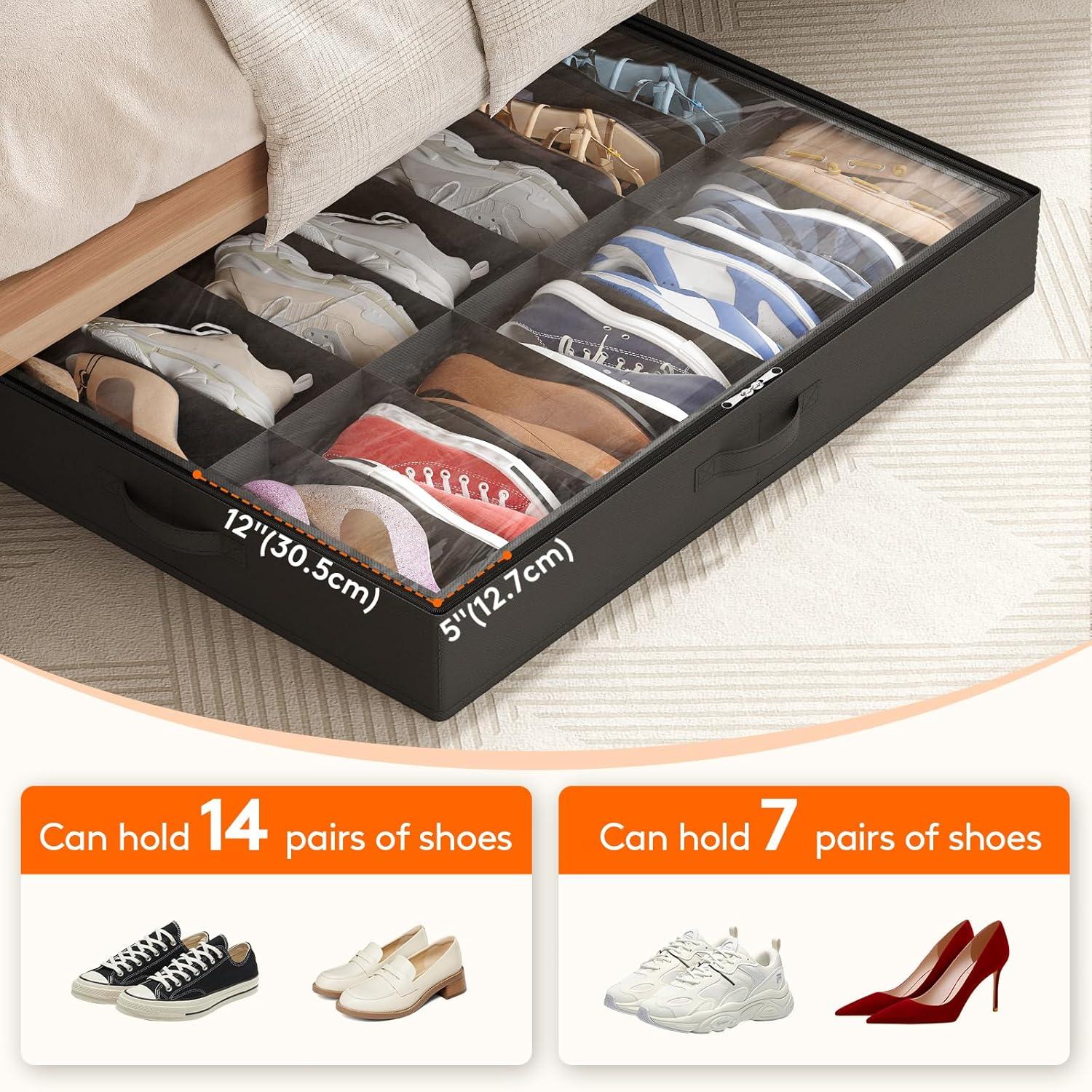 imageLifewit Under Bed Shoe Storage Organizer Set of 2 43 Inches Tall Low Profile Fabric Shoes Container Box with Clear Cover Foldable Storage Bag with 2 Handles Total Fits 24 Pairs of Shoes GreyBlack