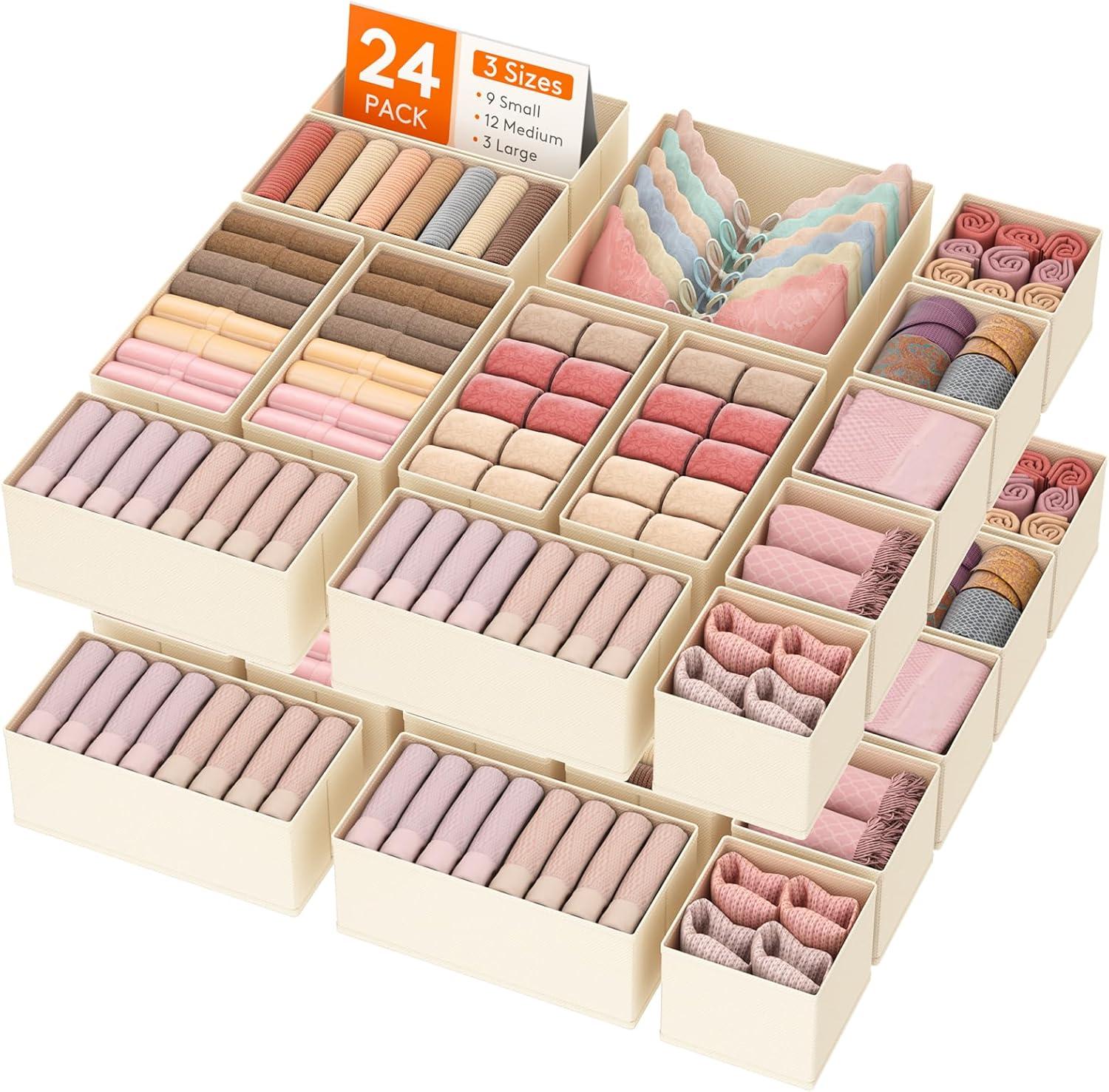 imageLifewit Underwear Drawer Organizer for Closet 12 Pack 3 Sizes Dresser Organizer Dividers Deep Fabric Foldable Drawer Storage Organizer Bins for Clothes Sock Bra Lingerie UndiesKhaki