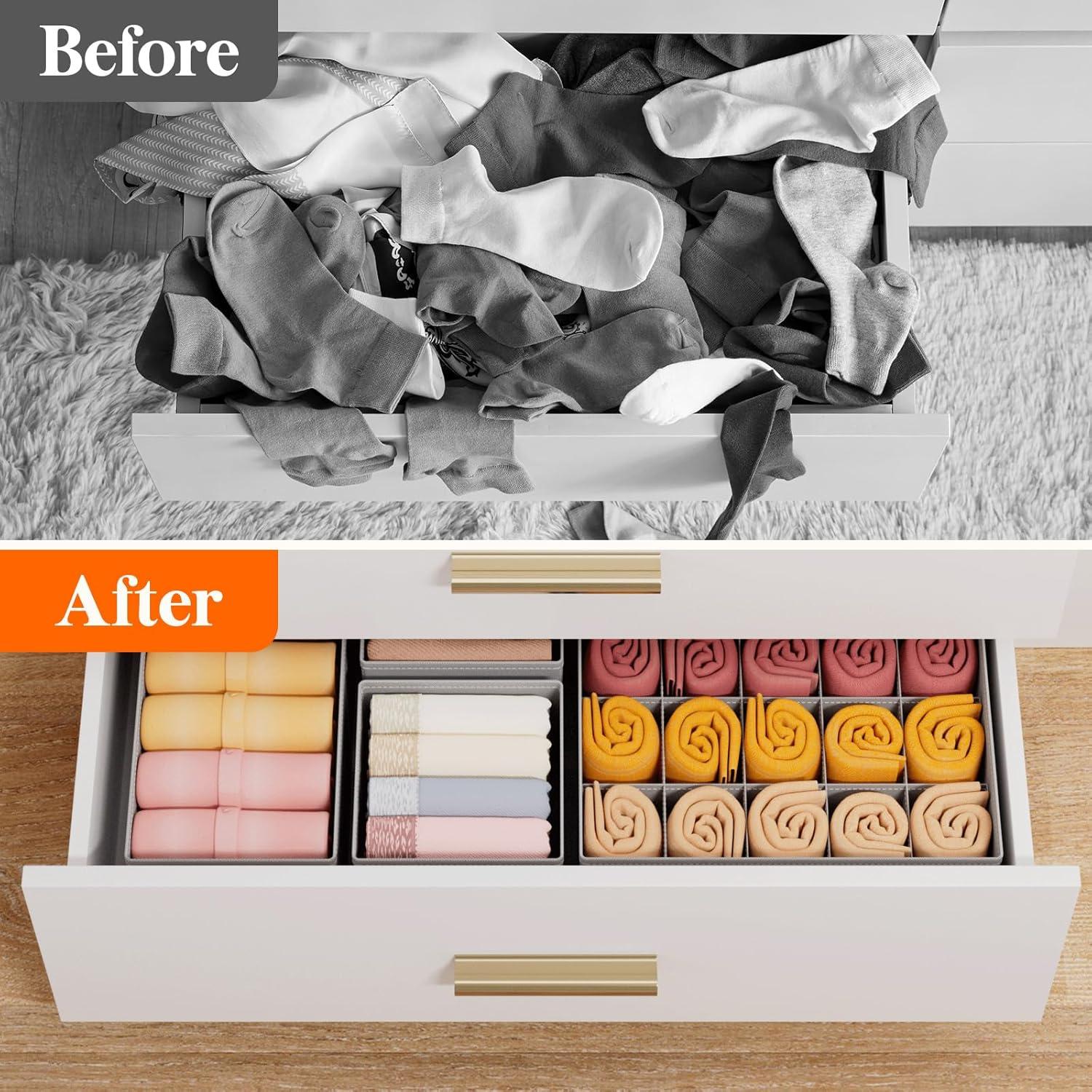 imageLifewit Underwear Drawer Organizer for Closet 12 Pack 3 Sizes Dresser Organizer Dividers Deep Fabric Foldable Drawer Storage Organizer Bins for Clothes Sock Bra Lingerie UndiesLight grey