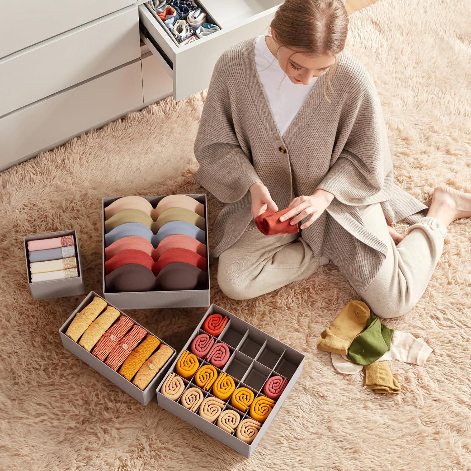 imageLifewit Underwear Drawer Organizer for Closet 12 Pack 3 Sizes Dresser Organizer Dividers Deep Fabric Foldable Drawer Storage Organizer Bins for Clothes Sock Bra Lingerie UndiesLight grey