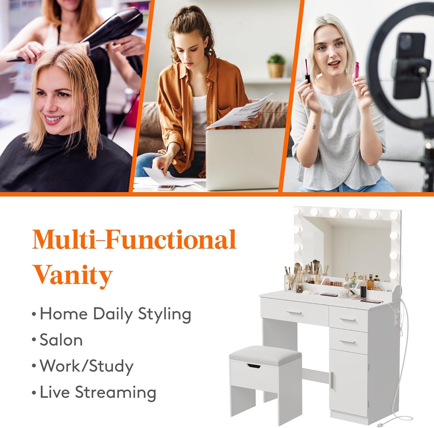 imageLifewit Vanity Desk with Mirror and LED Light StripDressing Table with Large Drawer 3 Level Storage Dresser ampamp 3 Lighting Modes Adjustable Brightness Suitable for BedroomBulbs Light Mirror