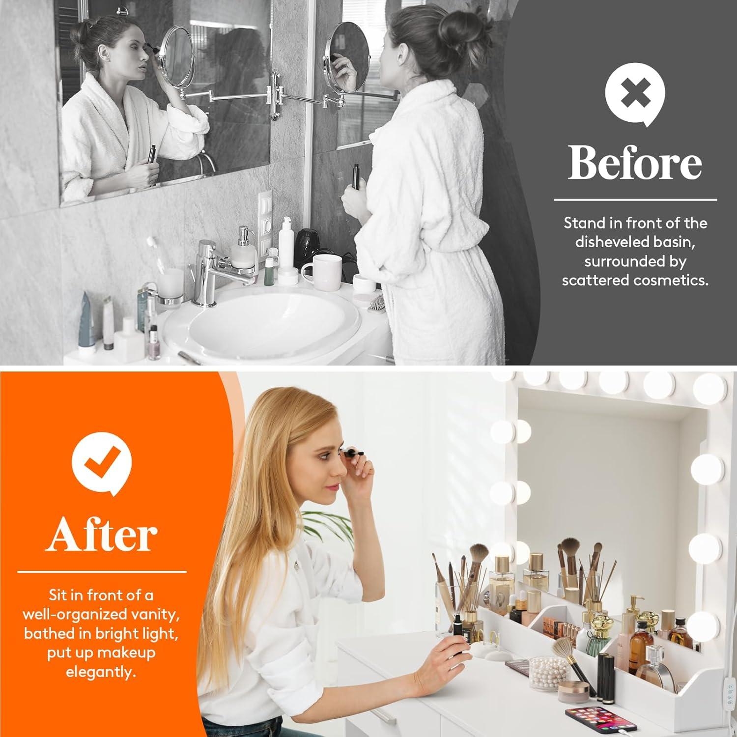 imageLifewit Vanity Desk with Mirror and LED Light StripDressing Table with Large Drawer 3 Level Storage Dresser ampamp 3 Lighting Modes Adjustable Brightness Suitable for BedroomBulbs Light Mirror