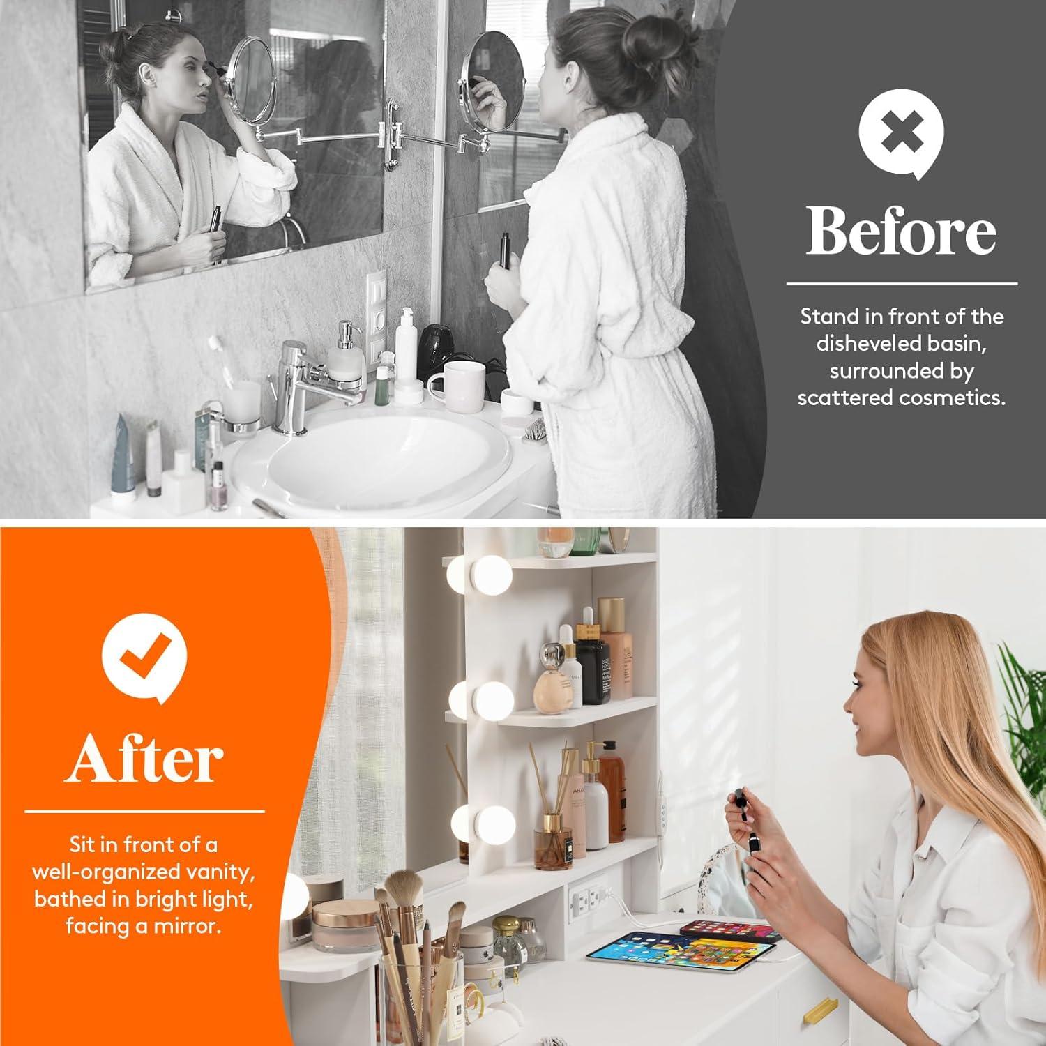 imageLifewit Vanity with Mirror and Light2 Power Outlets and 2 USB Ports Adjustable ColorBrightness White Makeup Desk with 4 Drawers and Stool for Bedroom Bathroom Makeup RoomWhite