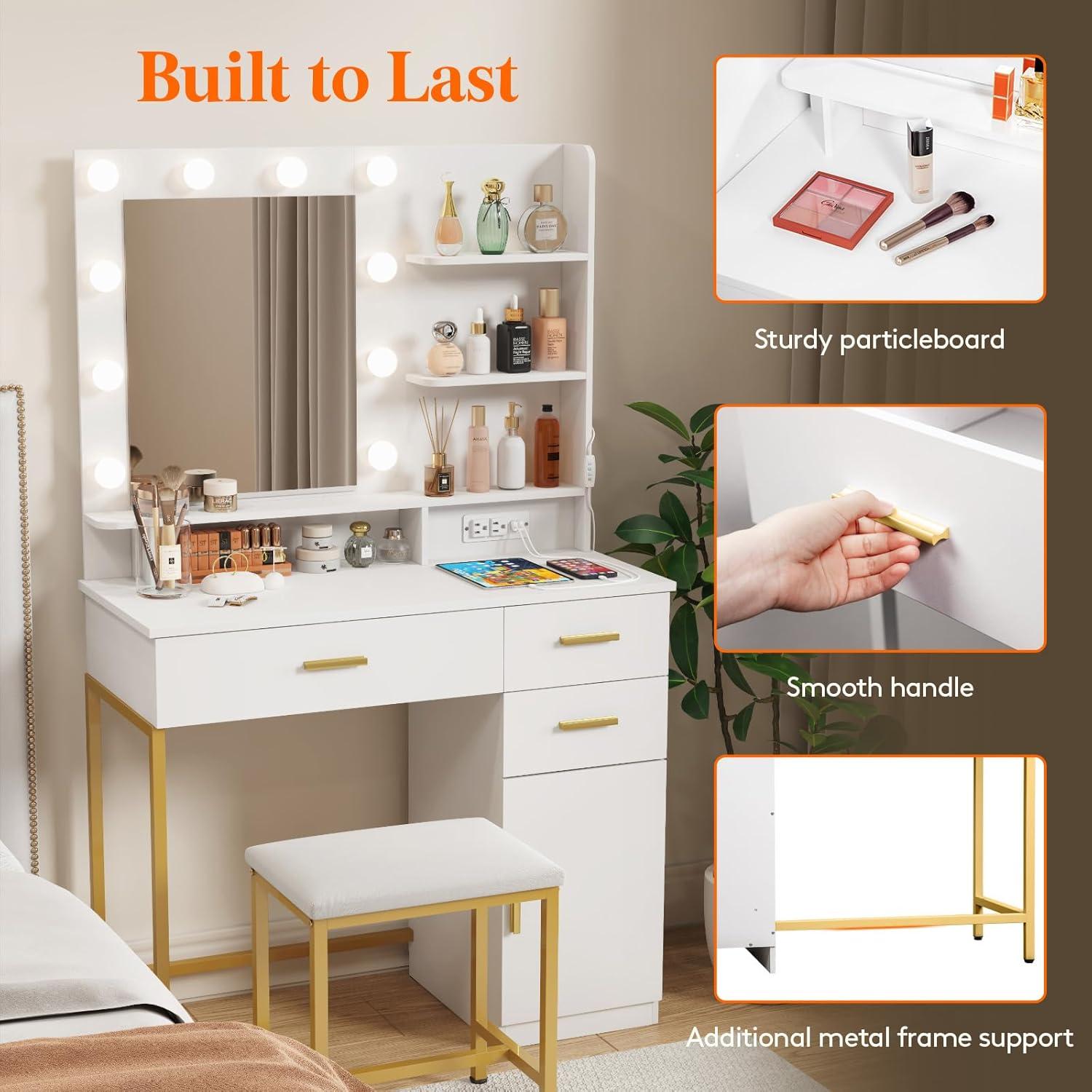 imageLifewit Vanity with Mirror and Light2 Power Outlets and 2 USB Ports Adjustable ColorBrightness White Makeup Desk with 4 Drawers and Stool for Bedroom Bathroom Makeup RoomWhite