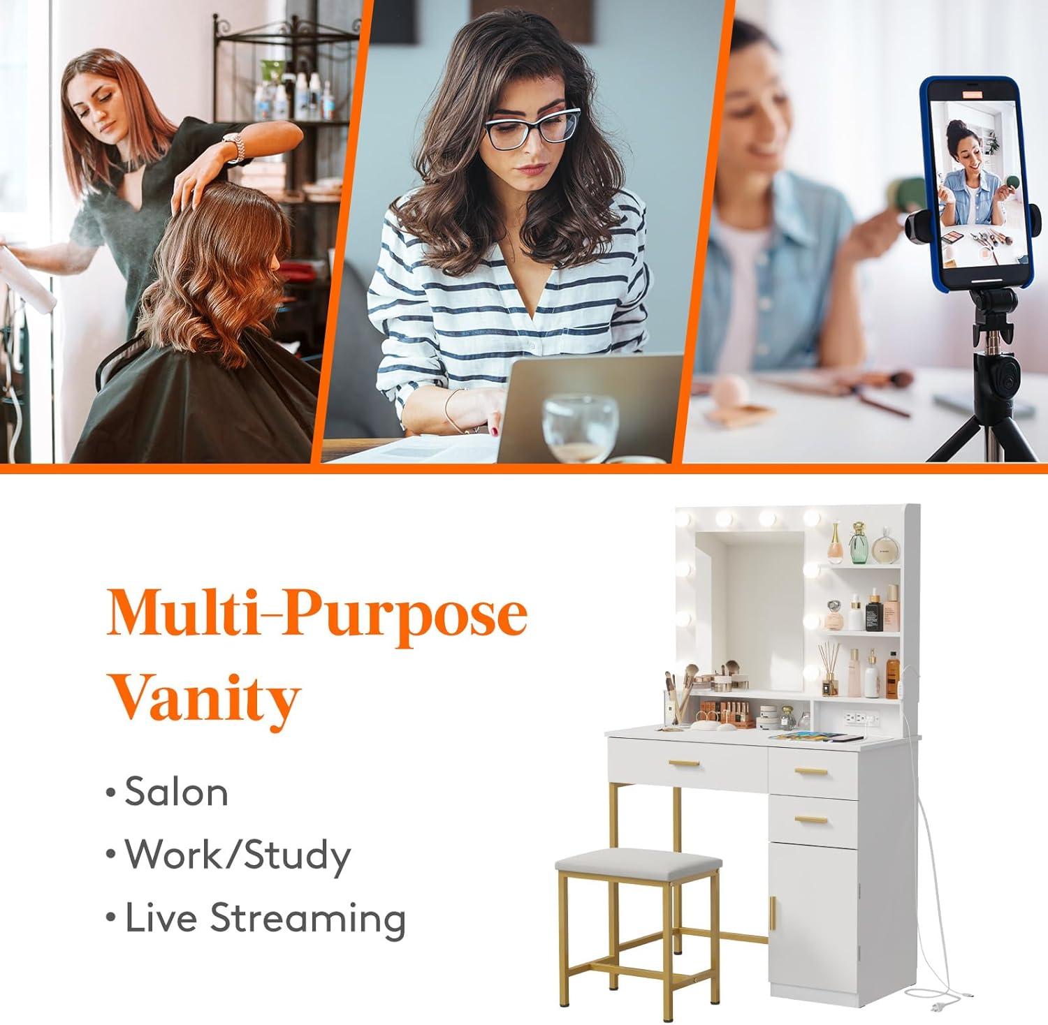 imageLifewit Vanity with Mirror and Light2 Power Outlets and 2 USB Ports Adjustable ColorBrightness White Makeup Desk with 4 Drawers and Stool for Bedroom Bathroom Makeup RoomWhite