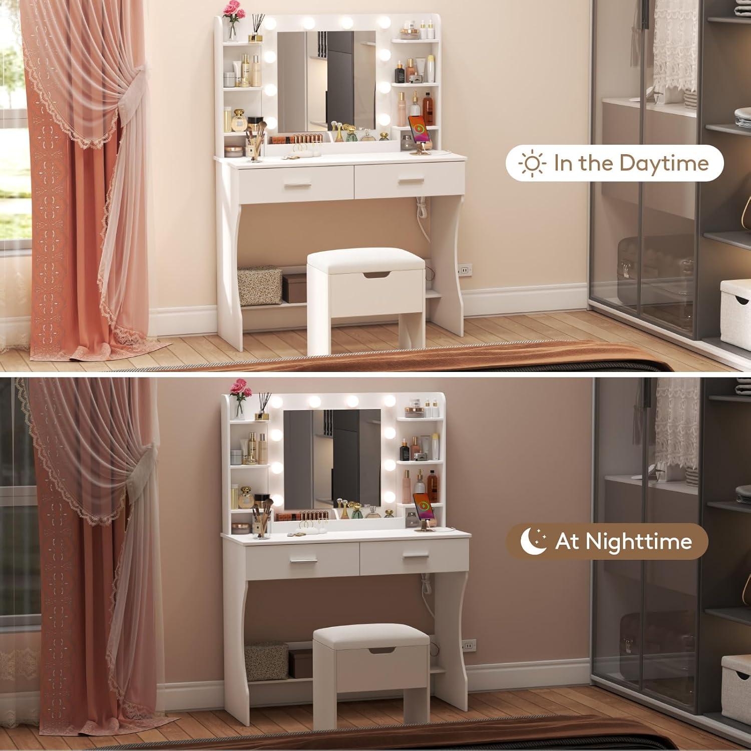 imageLifewit Vanity with Mirror and Lights Adjustable ColorBrightness 2 Power Outlets 2 USB Ports White Makeup Desk with Storage Stool 8 Open Shelves 2 Drawers 2 Lipstick Holders Bottom ShelfBulbs Light Mirror