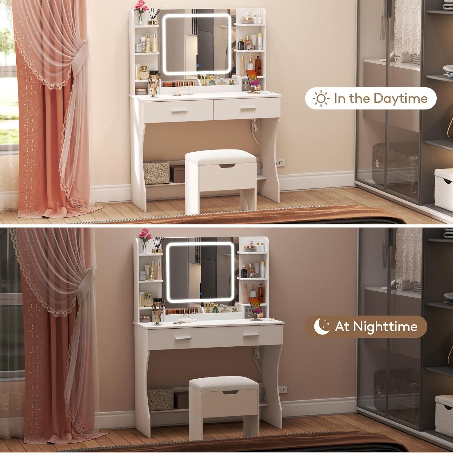 imageLifewit Vanity with Mirror and Lights Adjustable ColorBrightness 2 Power Outlets 2 USB Ports White Makeup Desk with Storage Stool 8 Open Shelves 2 Drawers 2 Lipstick Holders Bottom ShelfLED Light Mirror