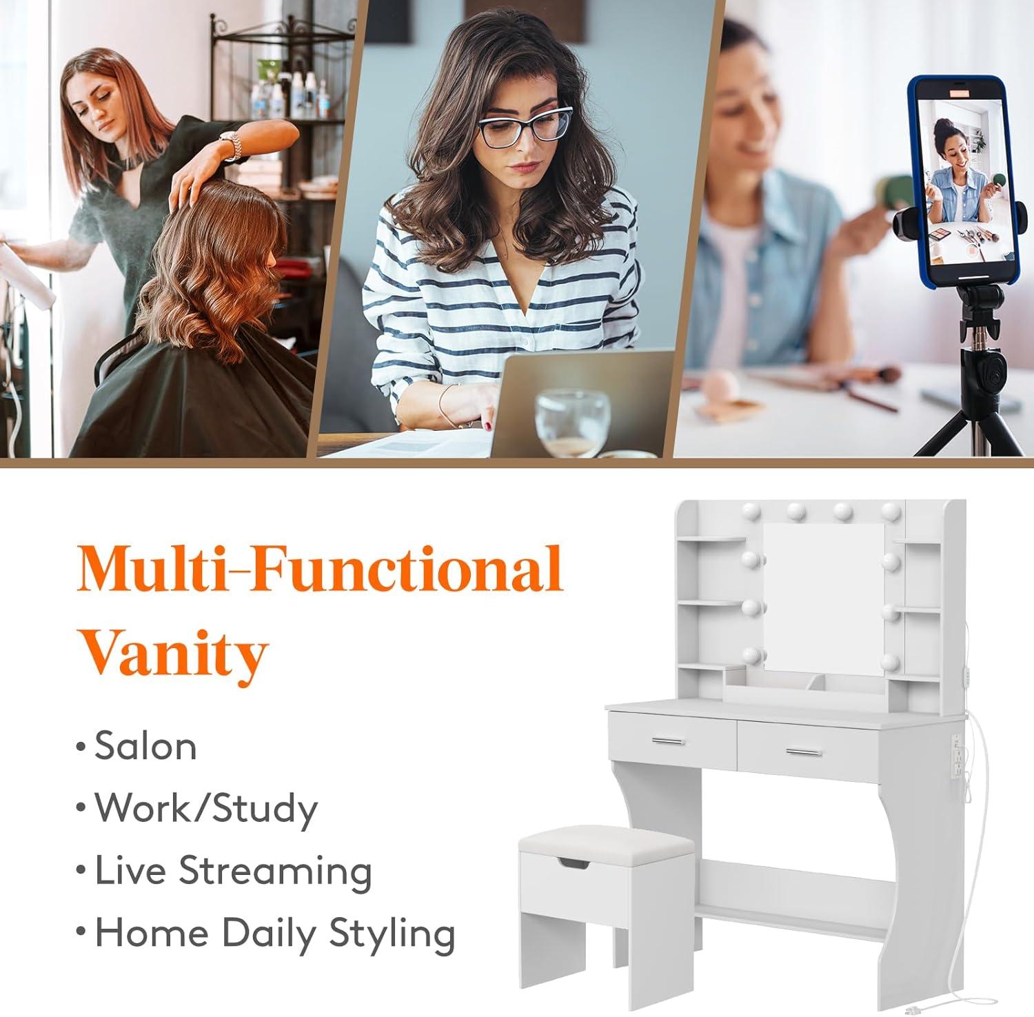 imageLifewit Vanity with Mirror and Lights Adjustable ColorBrightness 2 Power Outlets 2 USB Ports White Makeup Desk with Storage Stool 8 Open Shelves 2 Drawers 2 Lipstick Holders Bottom ShelfBulbs Light Mirror