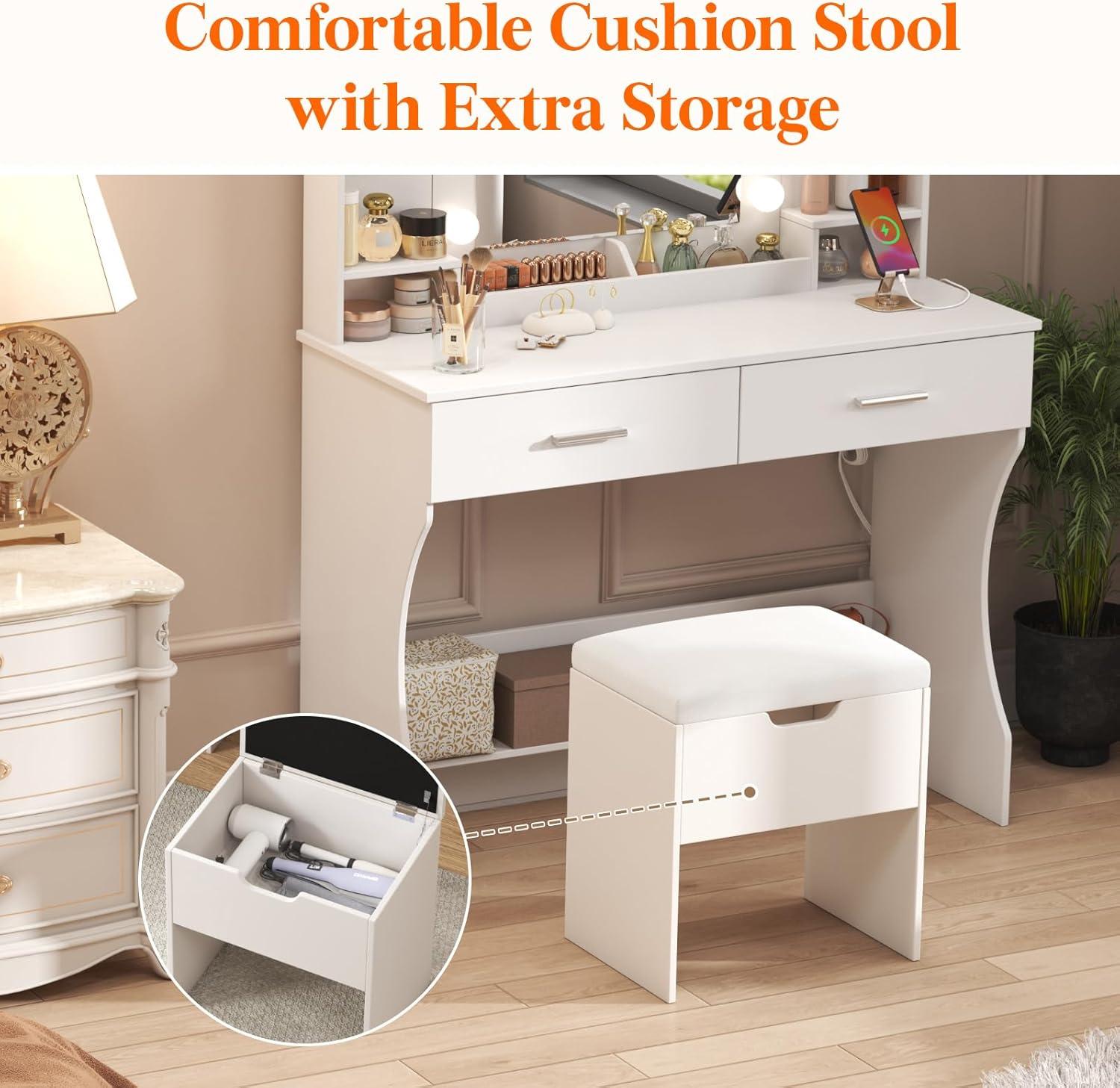 imageLifewit Vanity with Mirror and Lights Adjustable ColorBrightness 2 Power Outlets 2 USB Ports White Makeup Desk with Storage Stool 8 Open Shelves 2 Drawers 2 Lipstick Holders Bottom ShelfBulbs Light Mirror