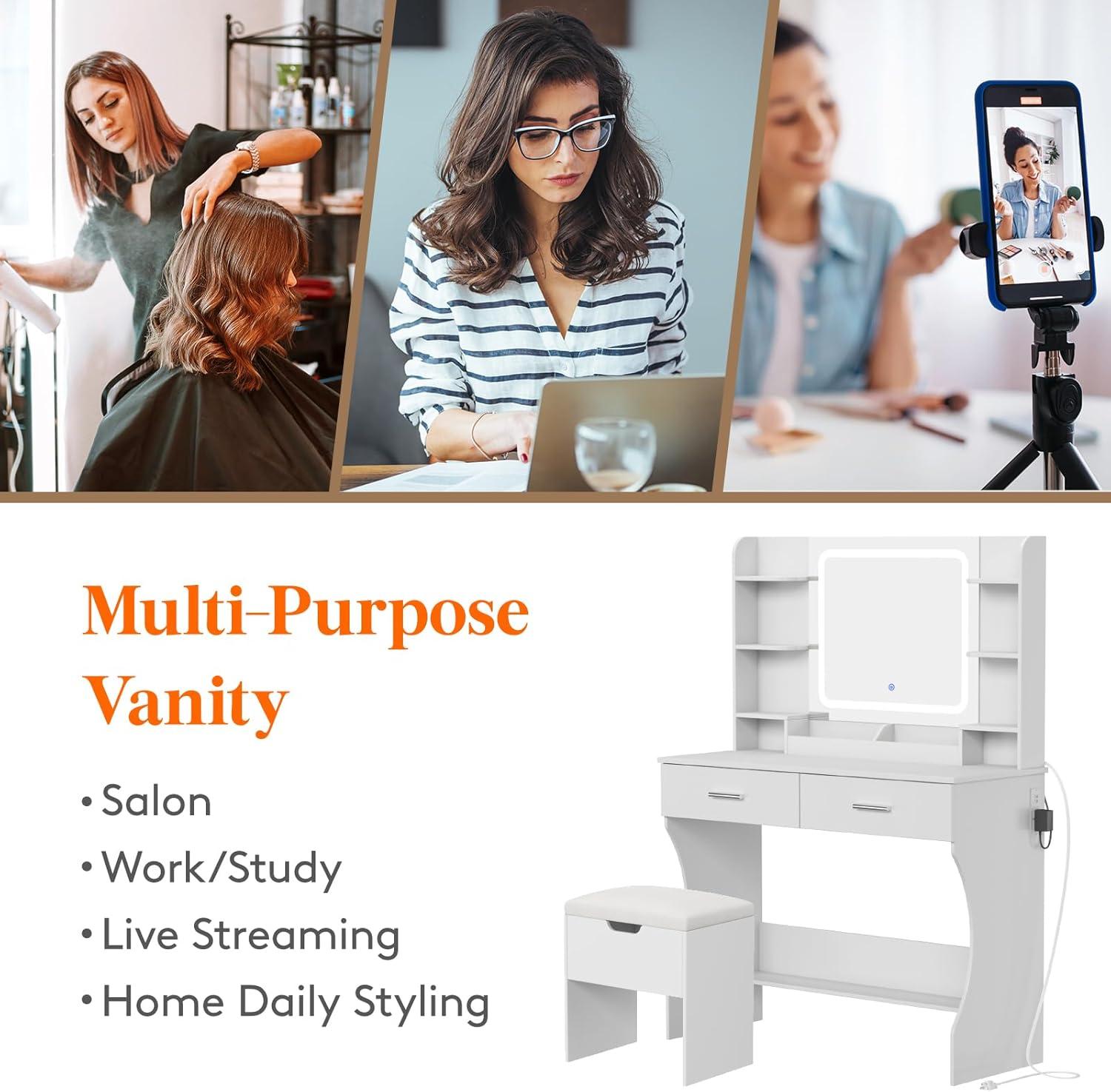 imageLifewit Vanity with Mirror and Lights Adjustable ColorBrightness 2 Power Outlets 2 USB Ports White Makeup Desk with Storage Stool 8 Open Shelves 2 Drawers 2 Lipstick Holders Bottom ShelfLED Light Mirror