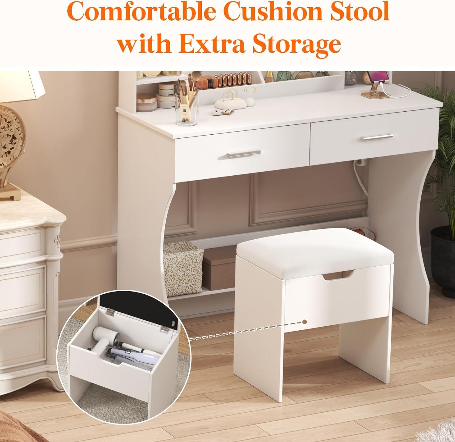 imageLifewit Vanity with Mirror and Lights Adjustable ColorBrightness 2 Power Outlets 2 USB Ports White Makeup Desk with Storage Stool 8 Open Shelves 2 Drawers 2 Lipstick Holders Bottom ShelfLED Light Mirror