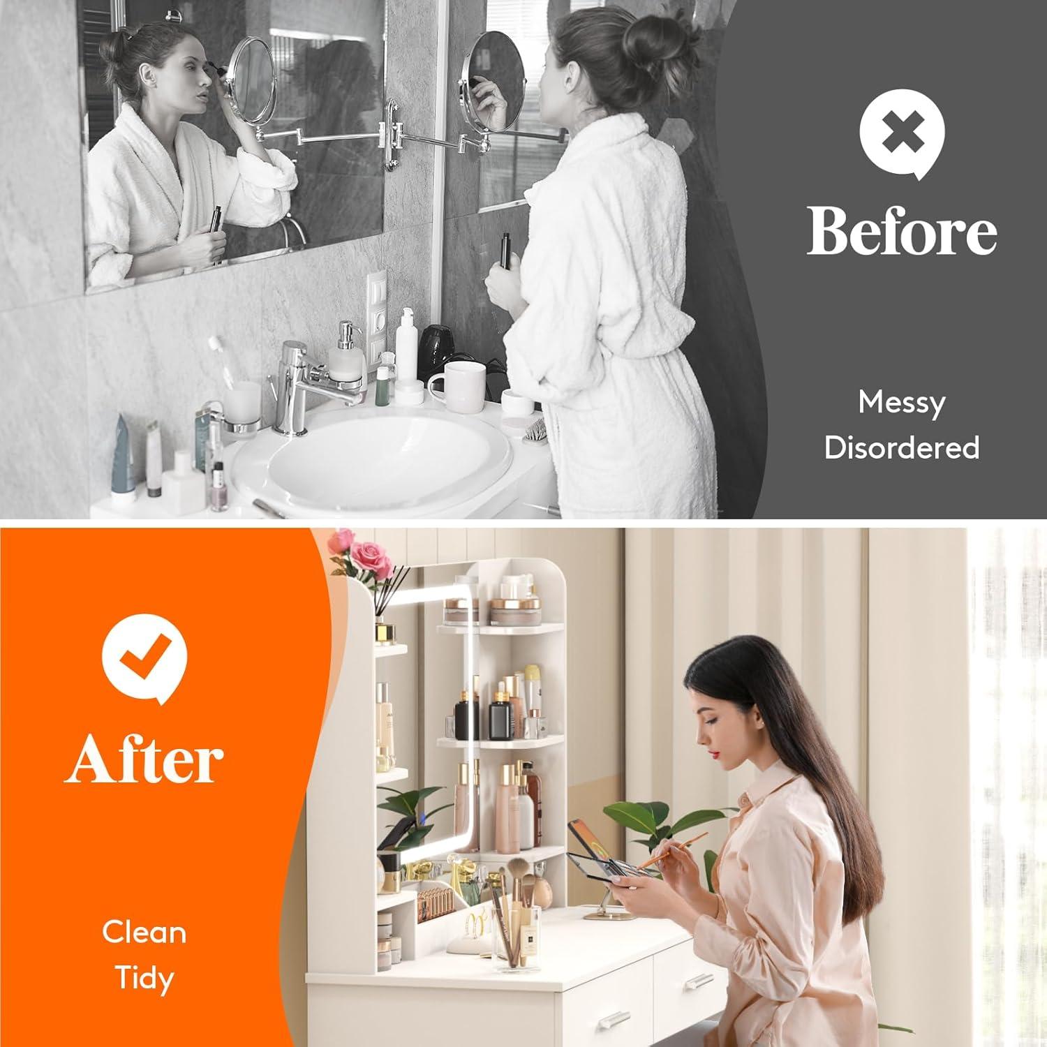 imageLifewit Vanity with Mirror and Lights Adjustable ColorBrightness 2 Power Outlets 2 USB Ports White Makeup Desk with Storage Stool 8 Open Shelves 2 Drawers 2 Lipstick Holders Bottom ShelfLED Light Mirror