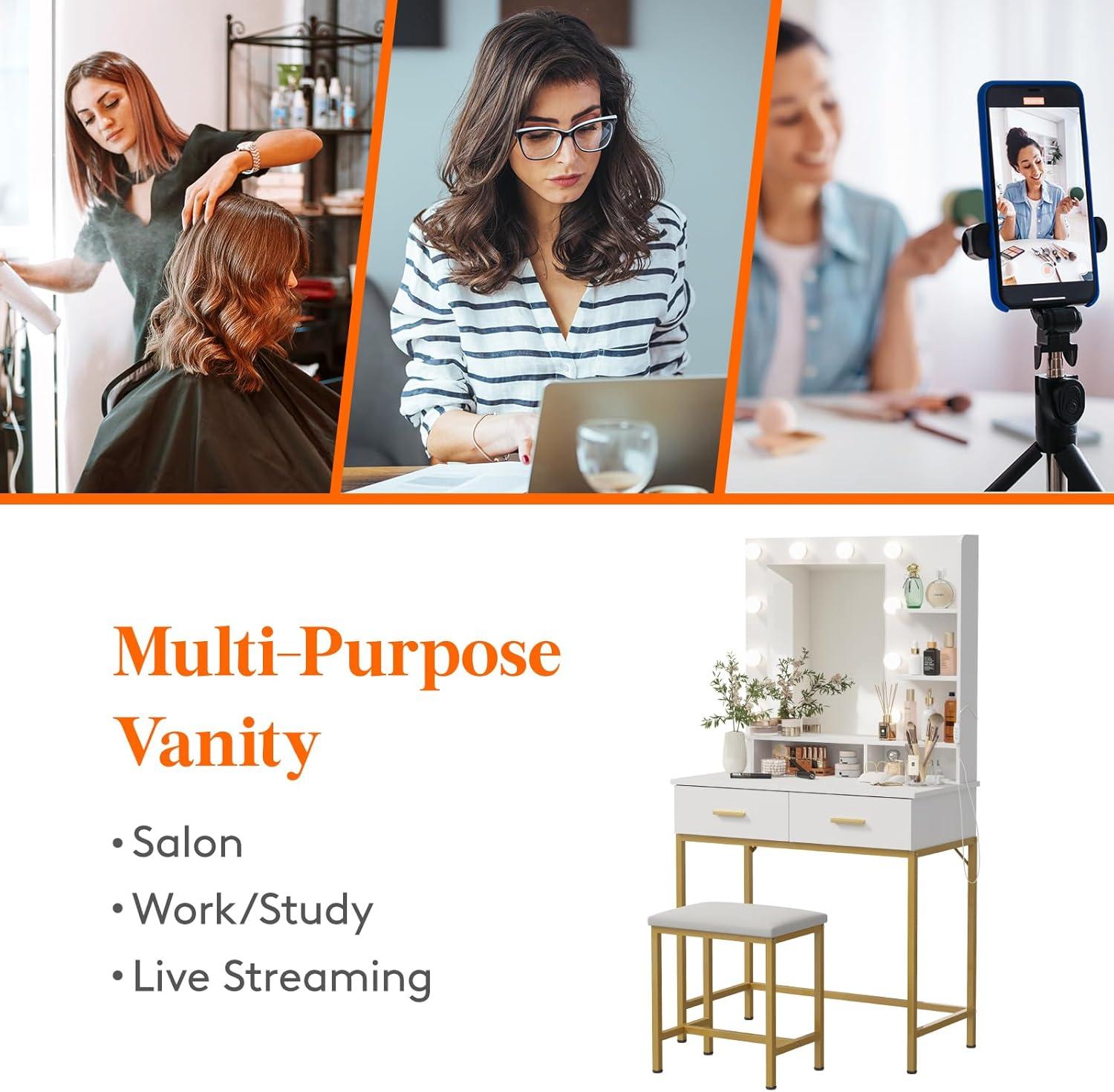 imageLifewit Vanity with Mirror and Lights Adjustable ColorBrightness White Makeup Desk with 2 Drawers and Stool for Bedroom Bathroom Makeup Room