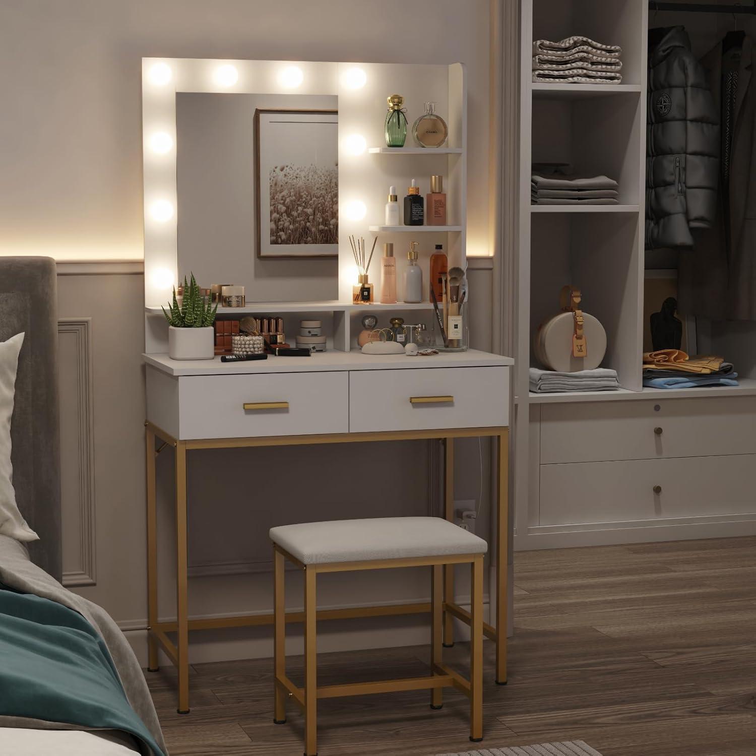 imageLifewit Vanity with Mirror and Lights Adjustable ColorBrightness White Makeup Desk with 2 Drawers and Stool for Bedroom Bathroom Makeup Room