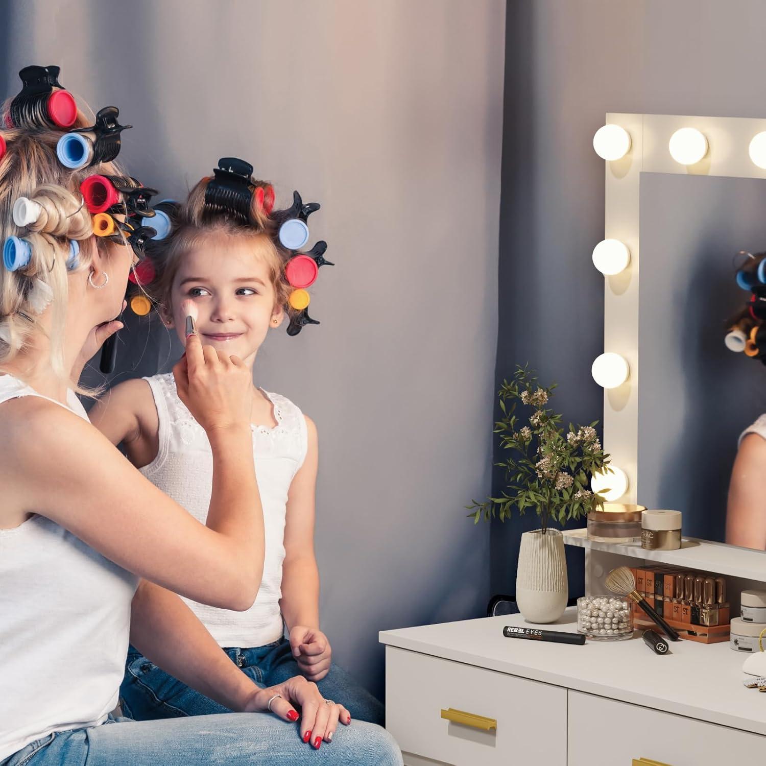 imageLifewit Vanity with Mirror and Lights Adjustable ColorBrightness White Makeup Desk with 2 Drawers and Stool for Bedroom Bathroom Makeup Room