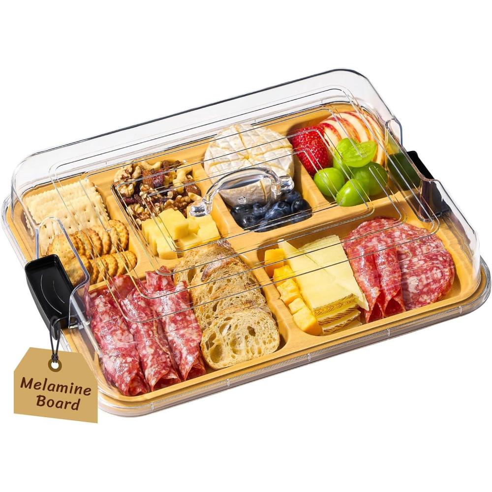 imageLifewit 1 Compartment Melamine Charcuterie Board 11 x 14 Inch Portable Cheese Board with Plastic Lockable Clear Lid Travel Charcuterie Board Serving Platter with Cover for Snacks Fruit Appetizers6 Compartment
