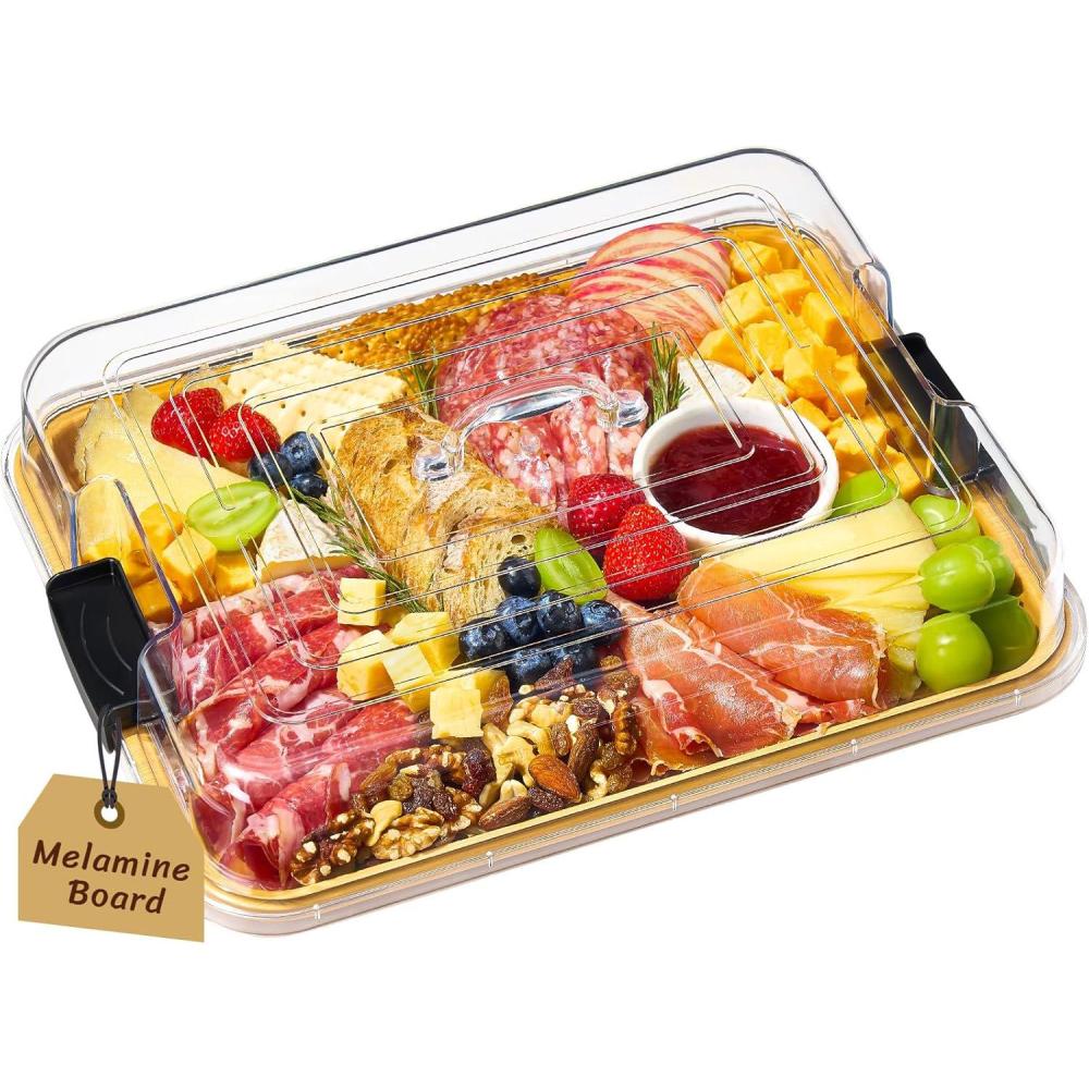 imageLifewit 1 Compartment Melamine Charcuterie Board 11 x 14 Inch Portable Cheese Board with Plastic Lockable Clear Lid Travel Charcuterie Board Serving Platter with Cover for Snacks Fruit Appetizers1 Compartment