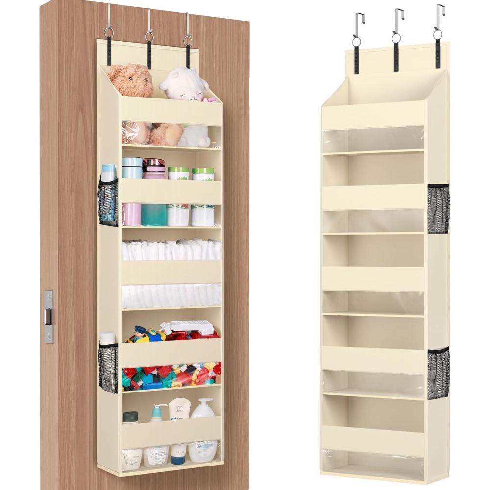 imageLifewit 1 Pack Over the Door Organizer 5 Shelf Clear Window Hanging Storage with 4 Mesh Side Pockets Anti Tilt 40 lbs Load Behind Door for Pantry Nursery Bathroom Bedroom Kitchen Dorm GreyBeige