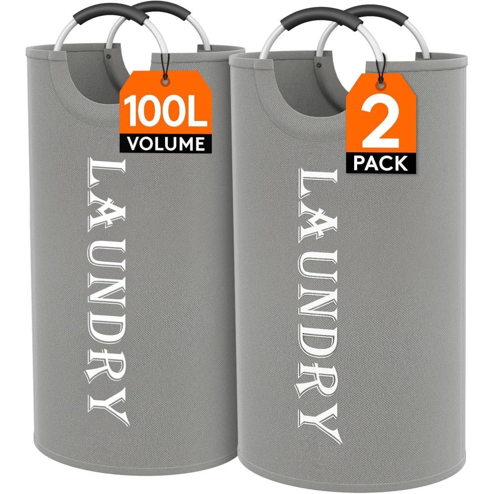 imageLifewit 100L 2Pack Large Laundry Basket Collapsible Laundry Hamper with Aluminum Handles Waterproof Freestanding Dirty Clothes Hampers for Laundry Room Bedroom Dorm Bathroom BlackSilver Grey
