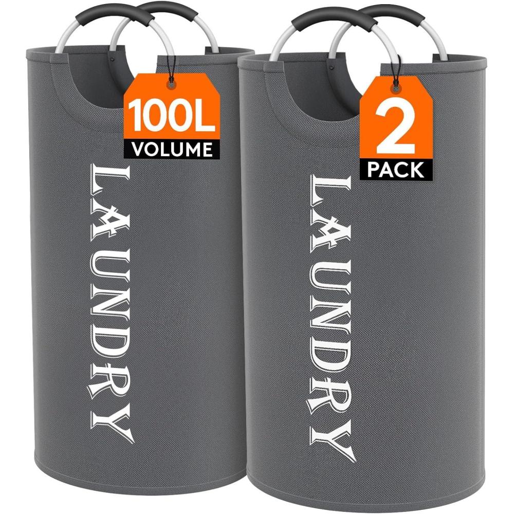 imageLifewit 100L 2Pack Large Laundry Basket Collapsible Laundry Hamper with Aluminum Handles Waterproof Freestanding Dirty Clothes Hampers for Laundry Room Bedroom Dorm Bathroom BlackGrey